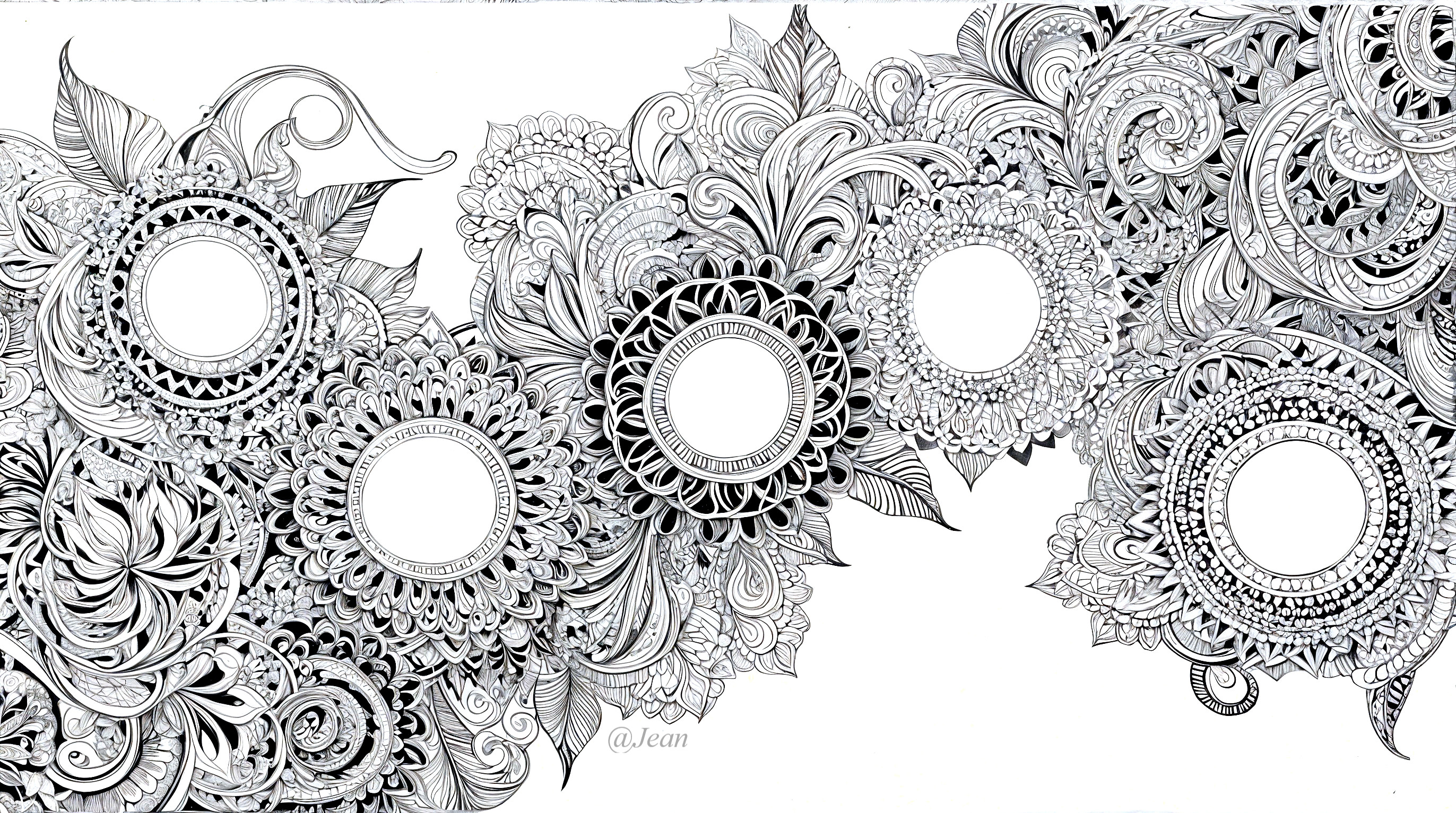 Intricate Black and White Floral Design with Mandalas