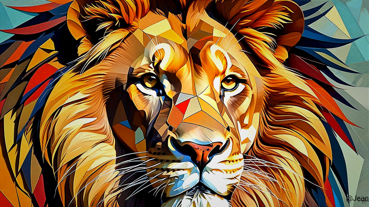 Geometric Lion Face Illustration with Bold Colors