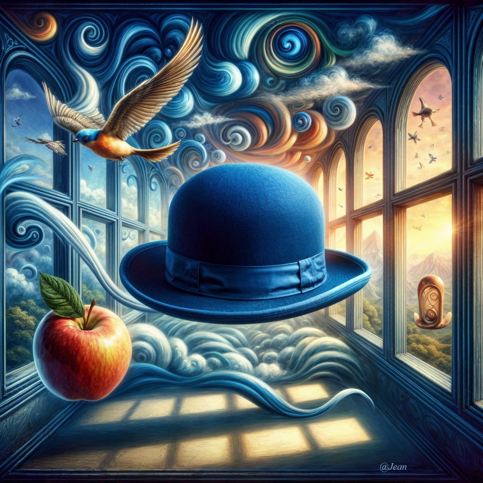 Surrealist Painting with Bowler Hat and Landscape Elements