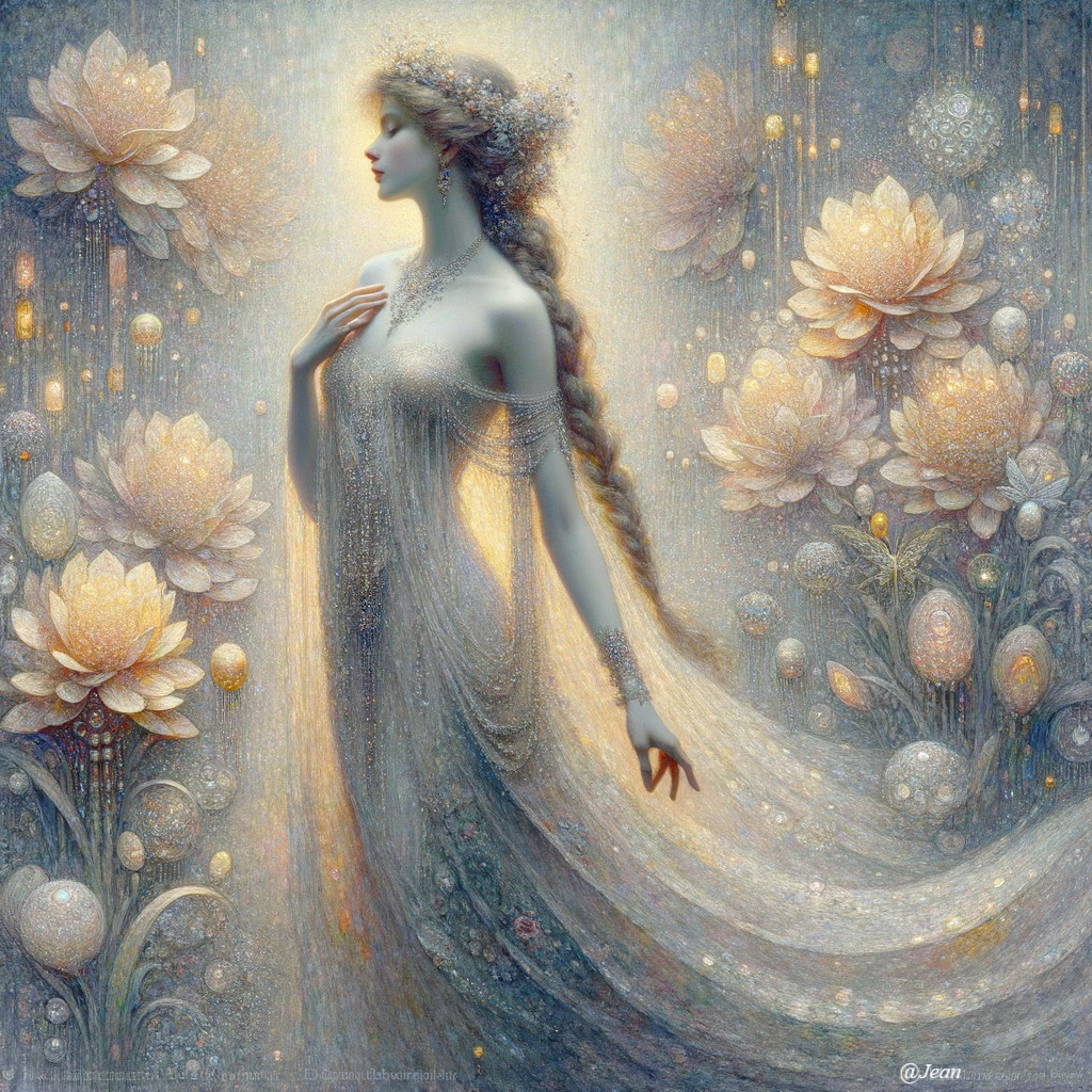 Mystical Figure Surrounded by Ethereal Lotus Flowers