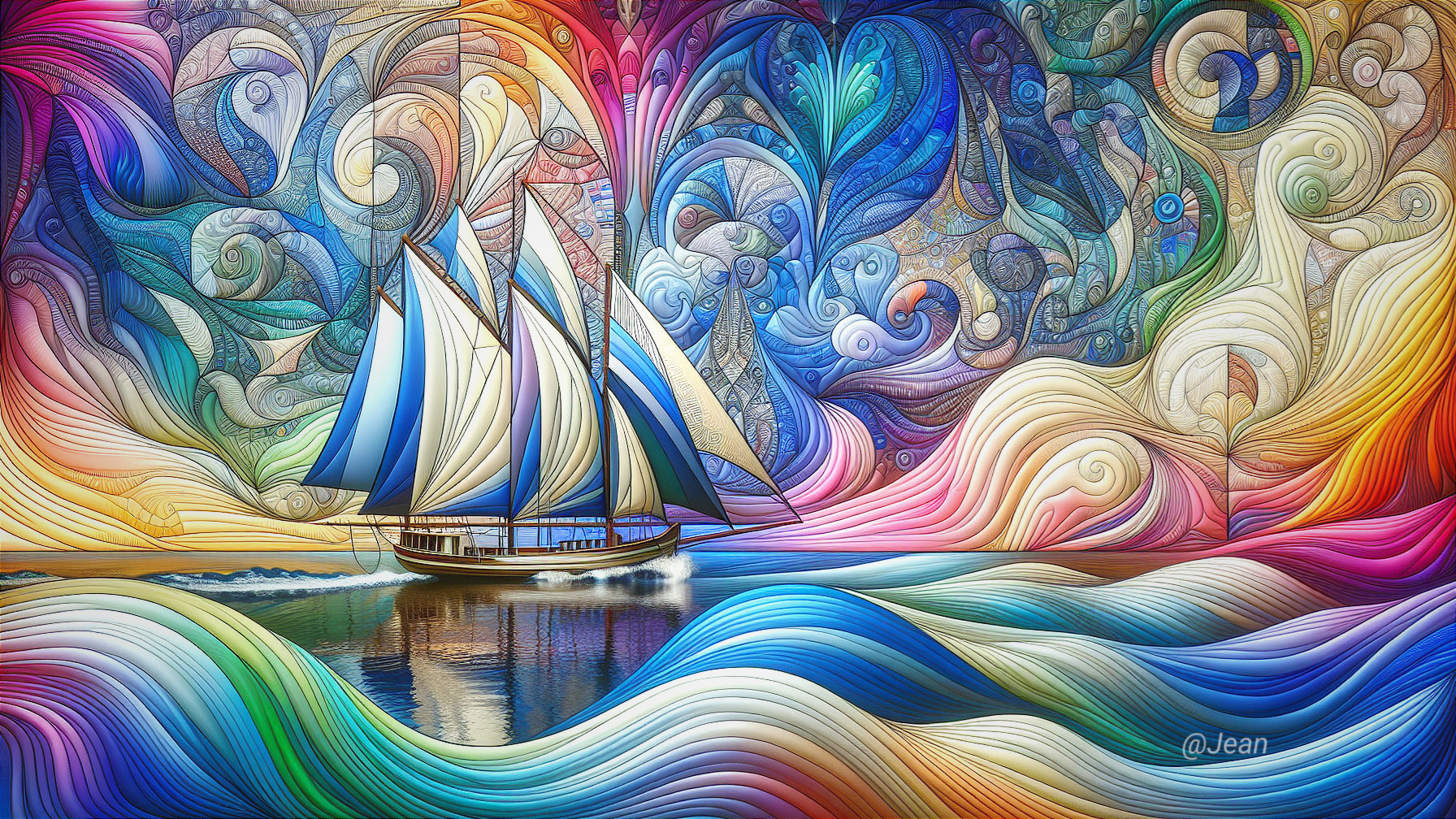 Vibrant Abstract Seascape with Sailboat and Patterns