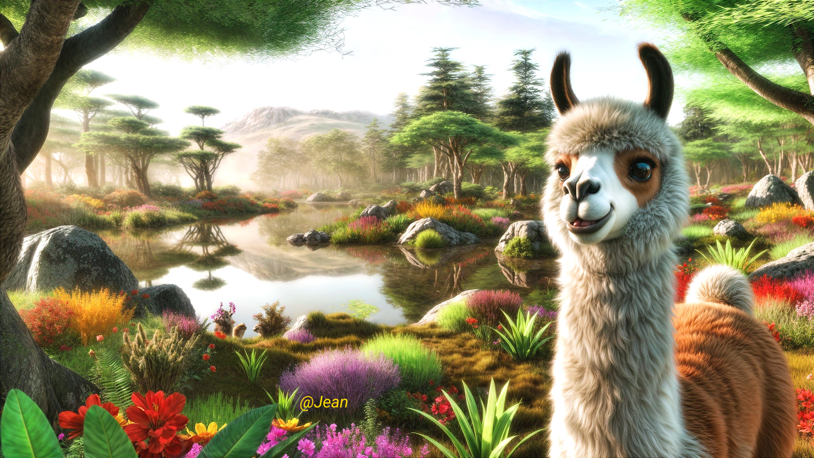 Cheerful Llama in a Vibrant Meadow Landscape