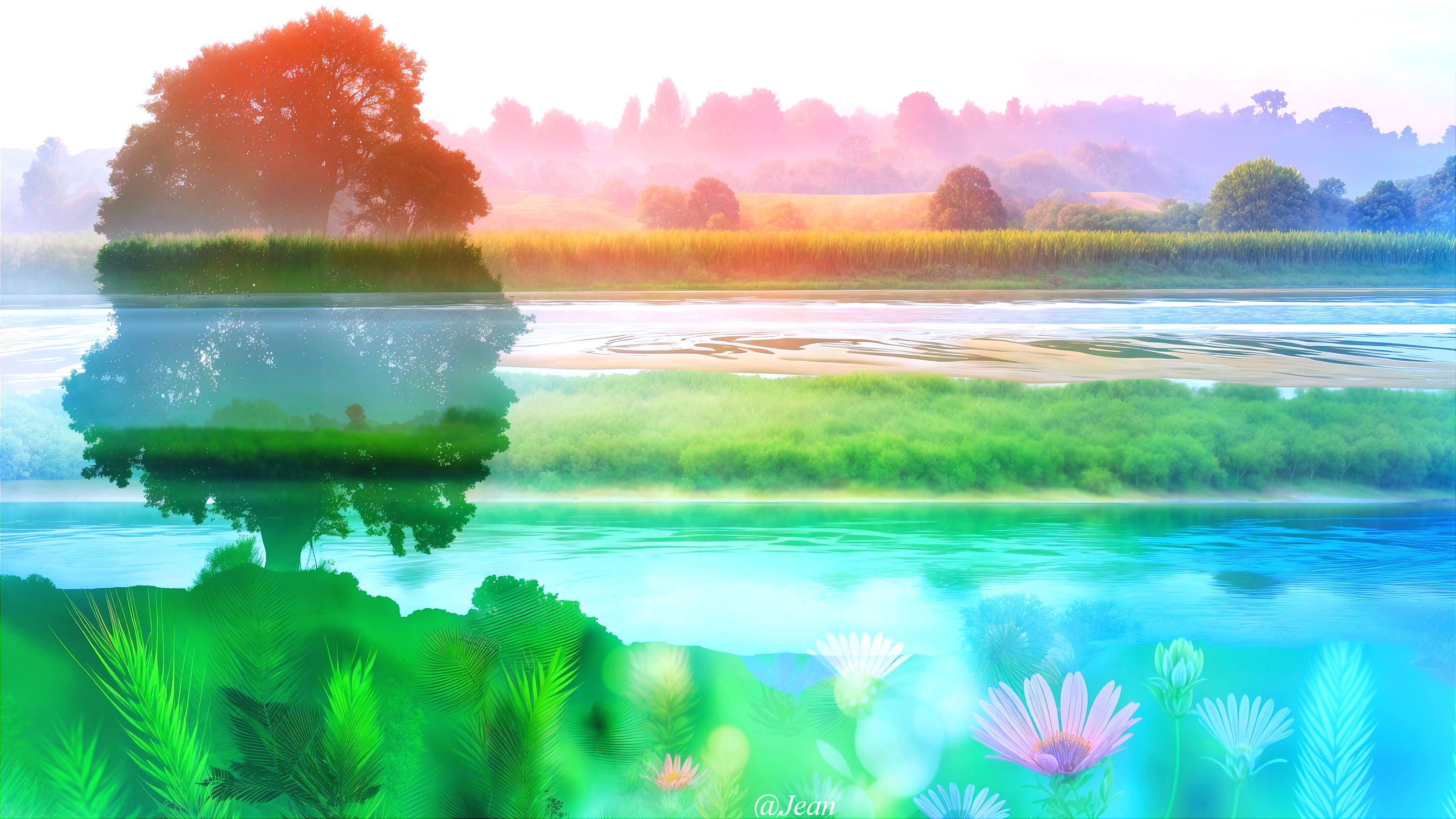 Tranquil Landscape with Vibrant Greenery and Reflection
