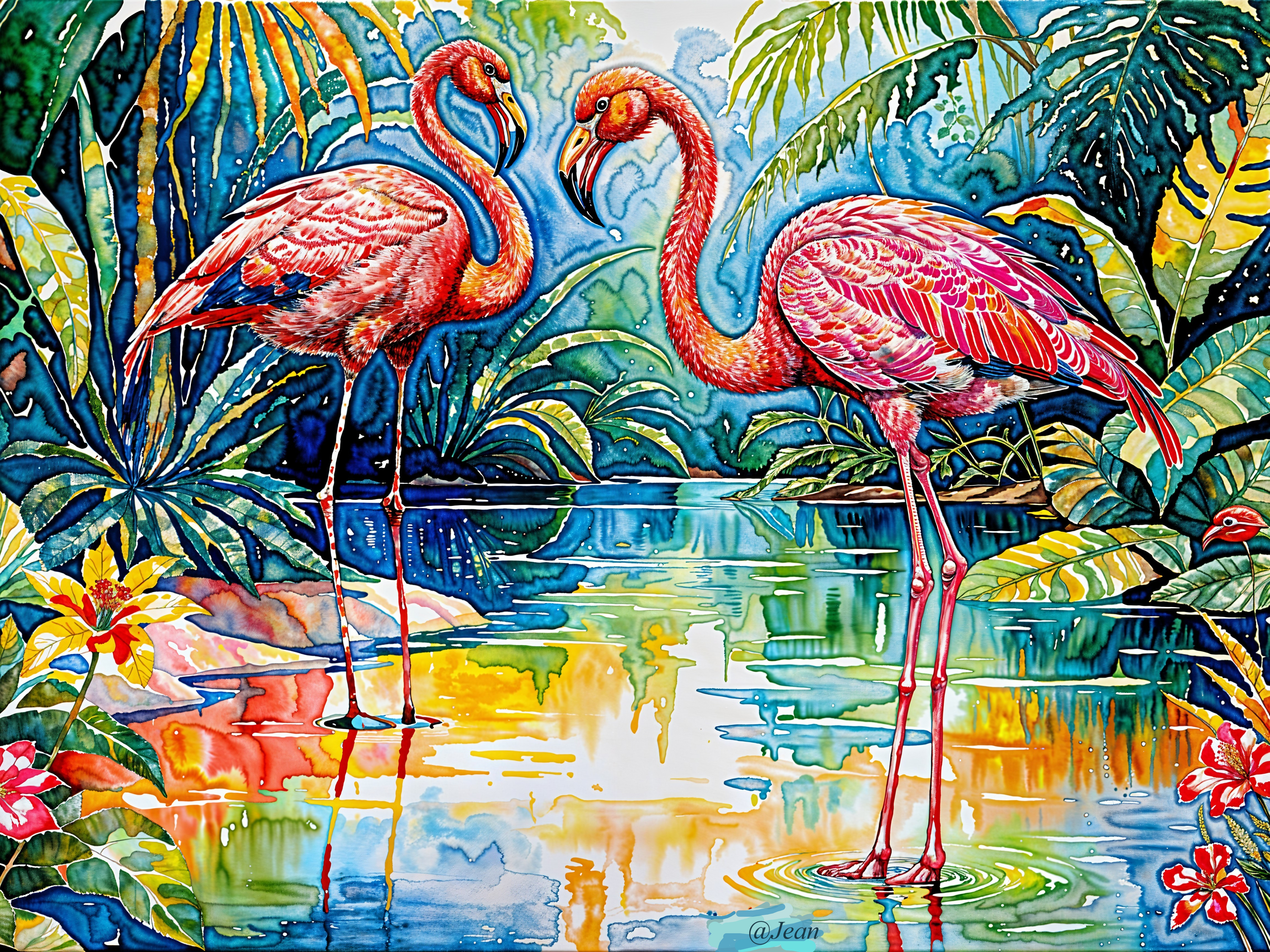 Vibrant Pink Flamingos in Tropical Setting