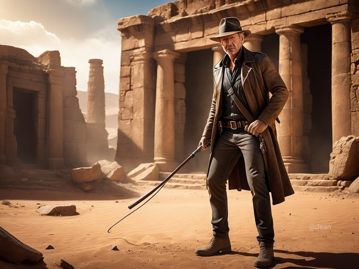 Rugged Adventurer in Desert with Ancient Ruins