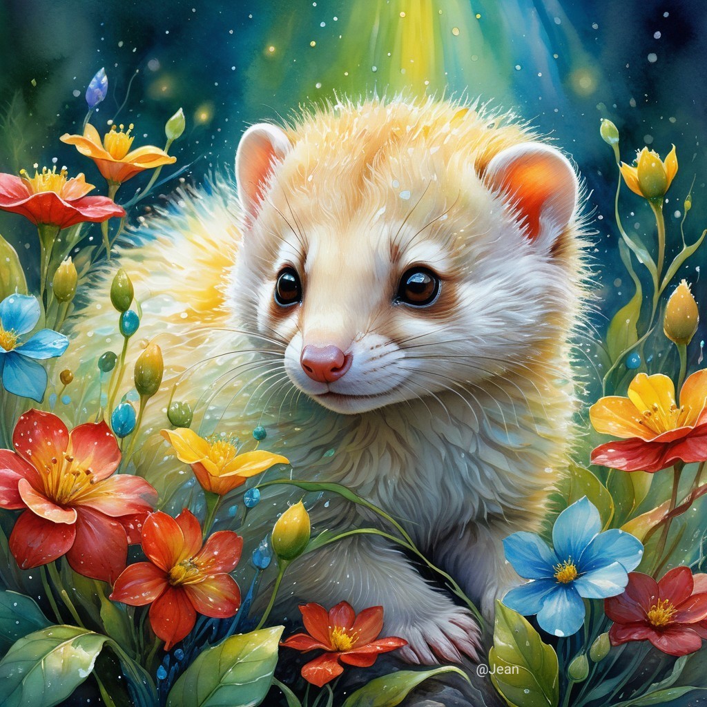 Fluffy Ferret in a Colorful Flower Garden Scene