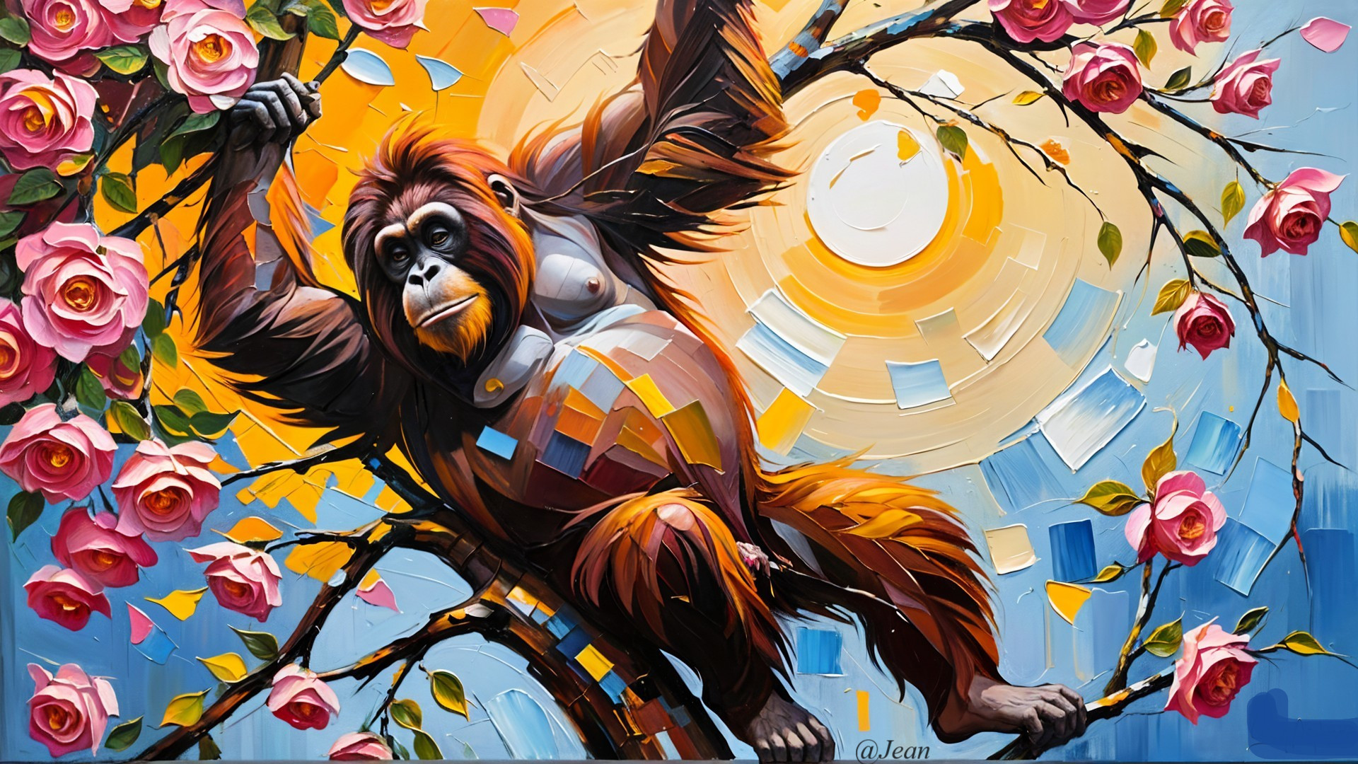 Orangutan on Branch Surrounded by Pink Roses and Sun