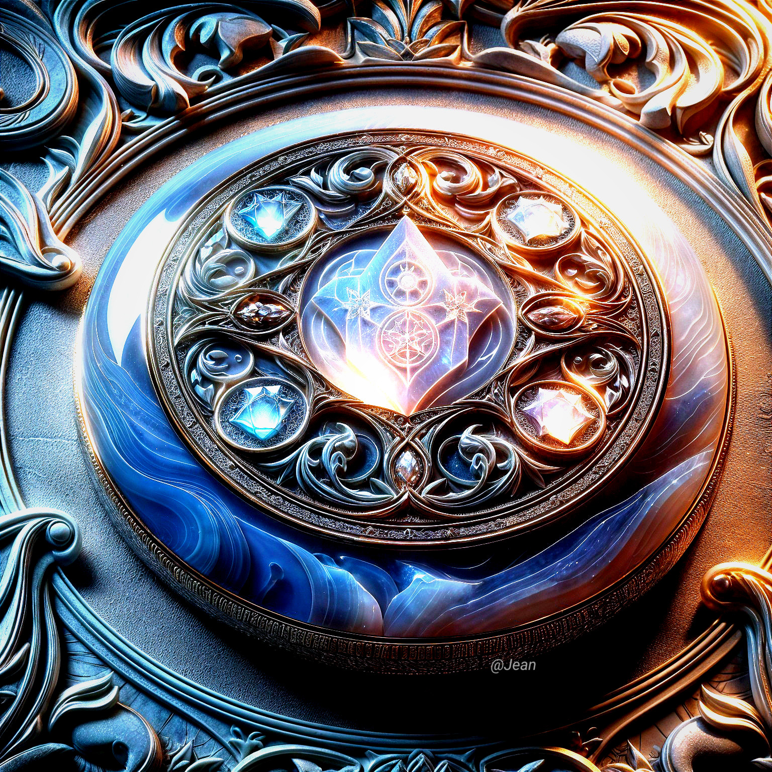 Ornate circular emblem with intricate details and gems