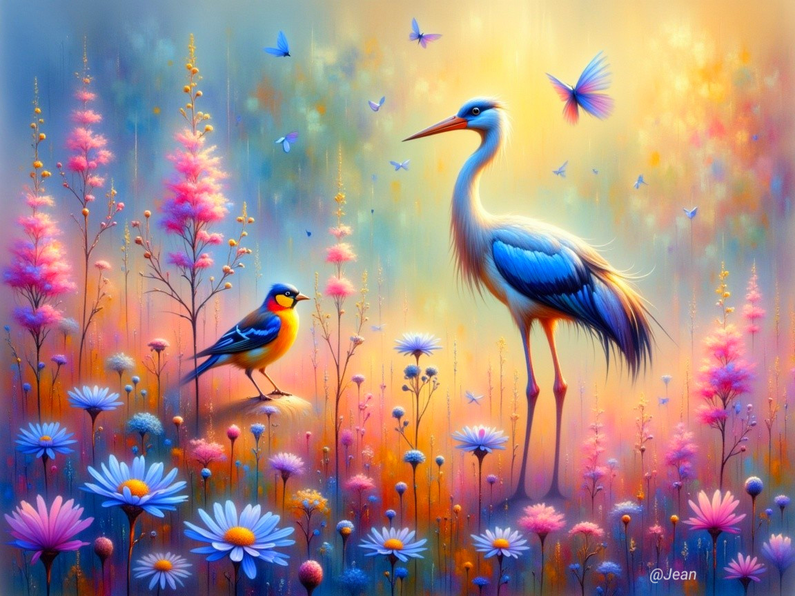 Colorful Landscape with Flowers, Crane, and Butterflies