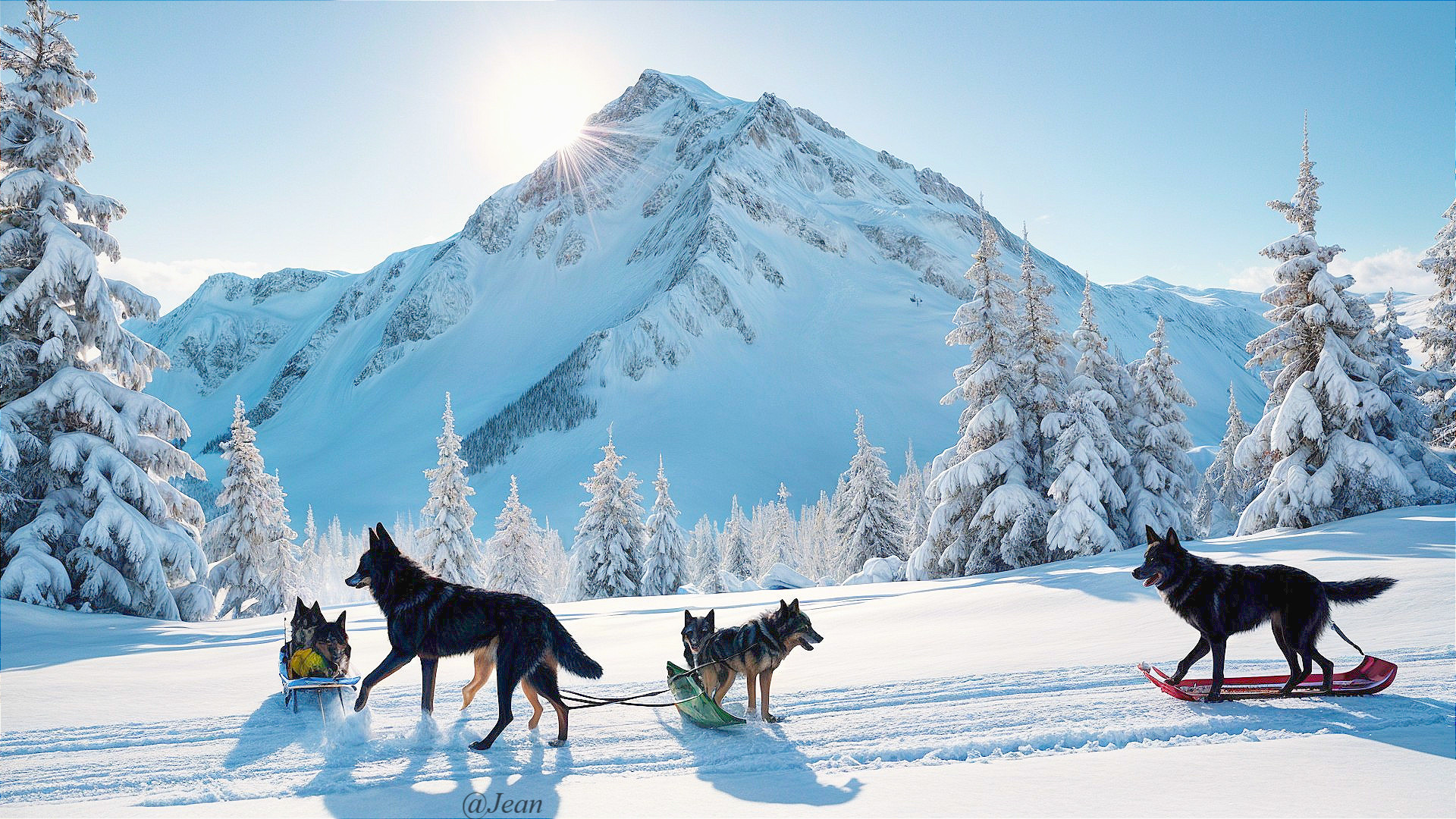 Winter Scene with Dogs Pulling Sleds in Snowy Landscape