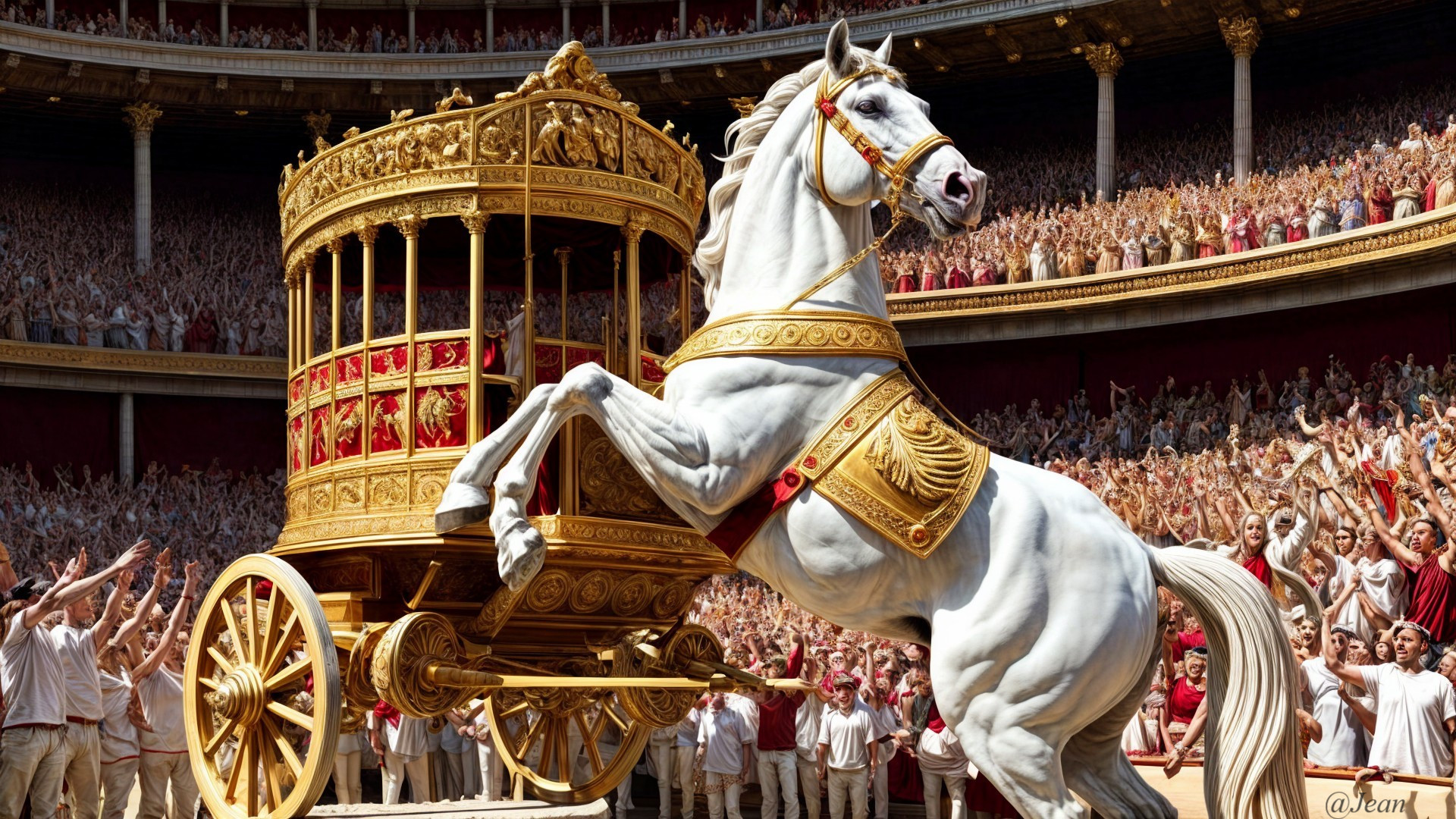 Majestic white horse and golden chariot in ancient arena