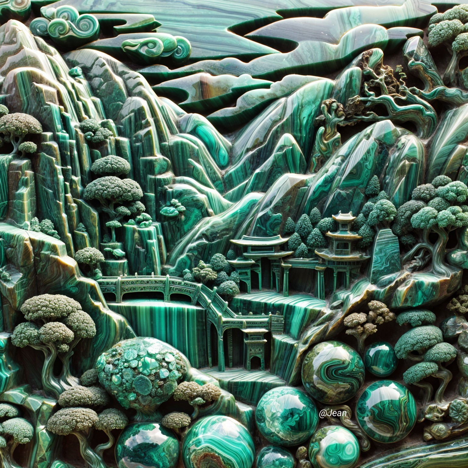 Intricately Carved Mountainous Landscape with Pagodas