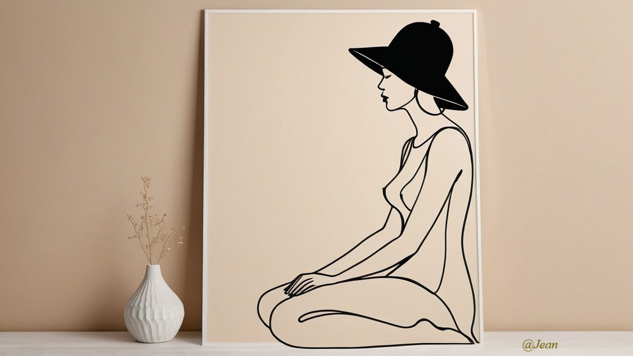 Minimalist Line Art of Woman with Hat and Vase