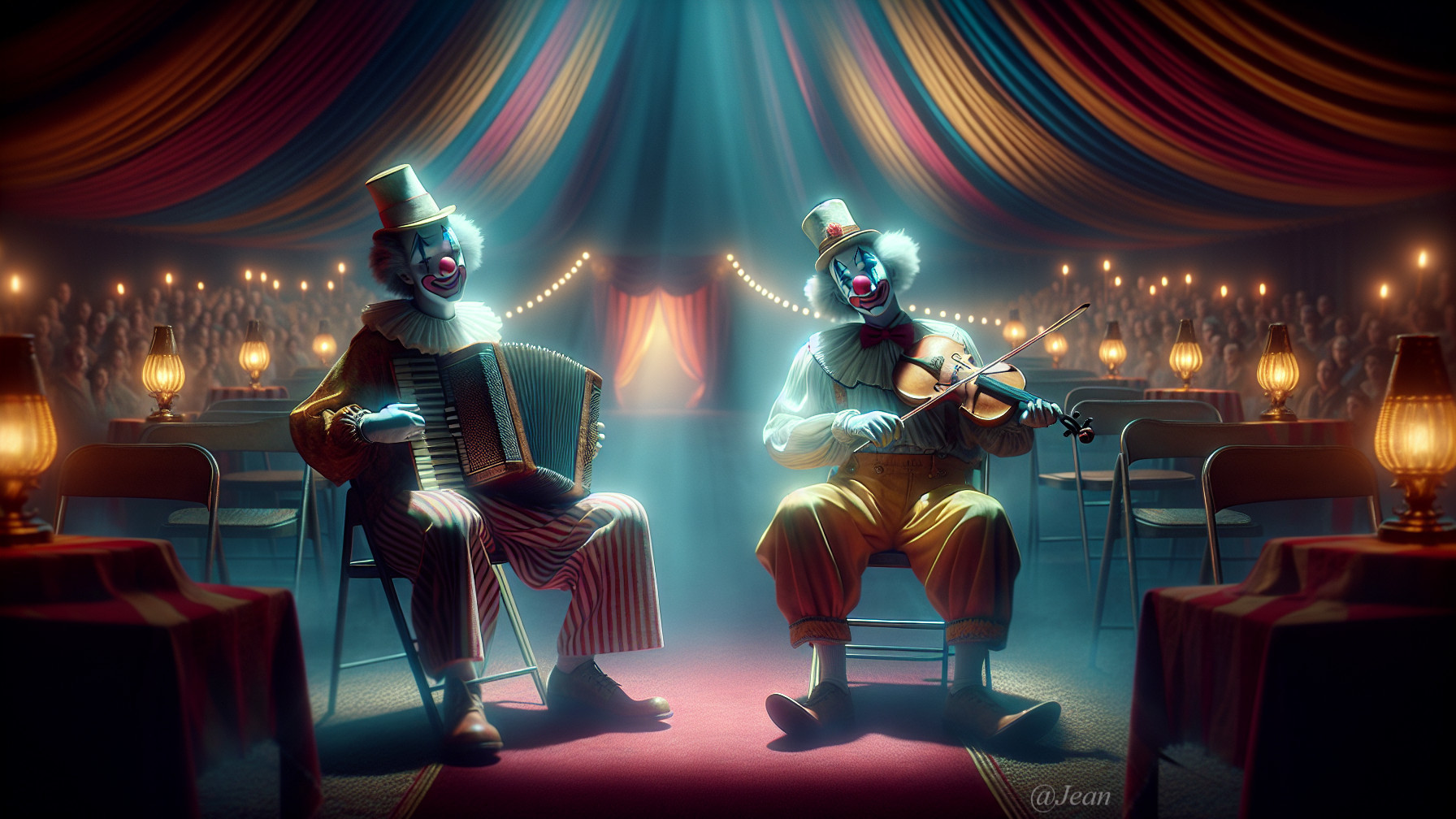 Clowns Perform Music in Colorful Circus Tent