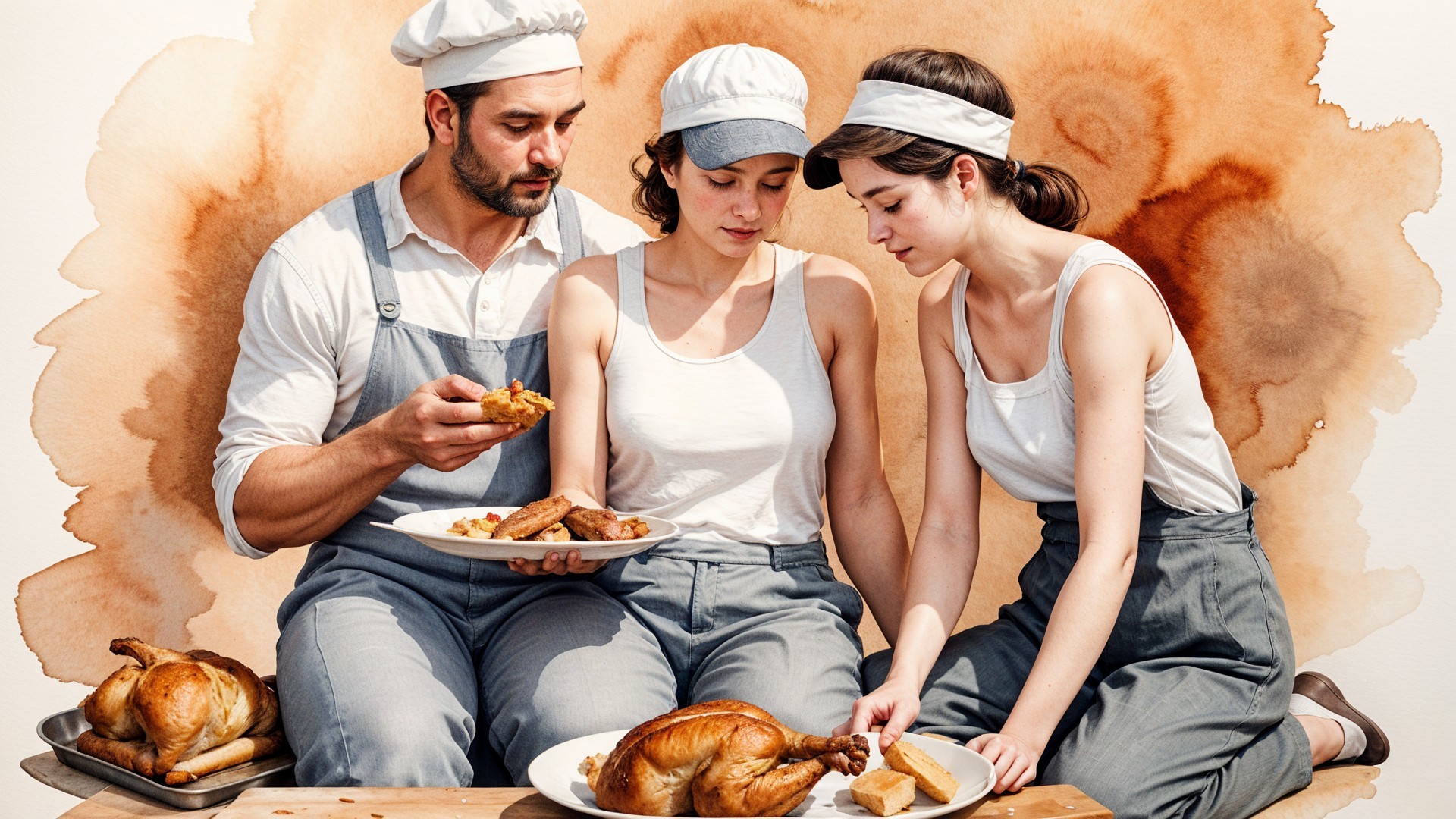 Casual chefs enjoying a meal with roast chicken