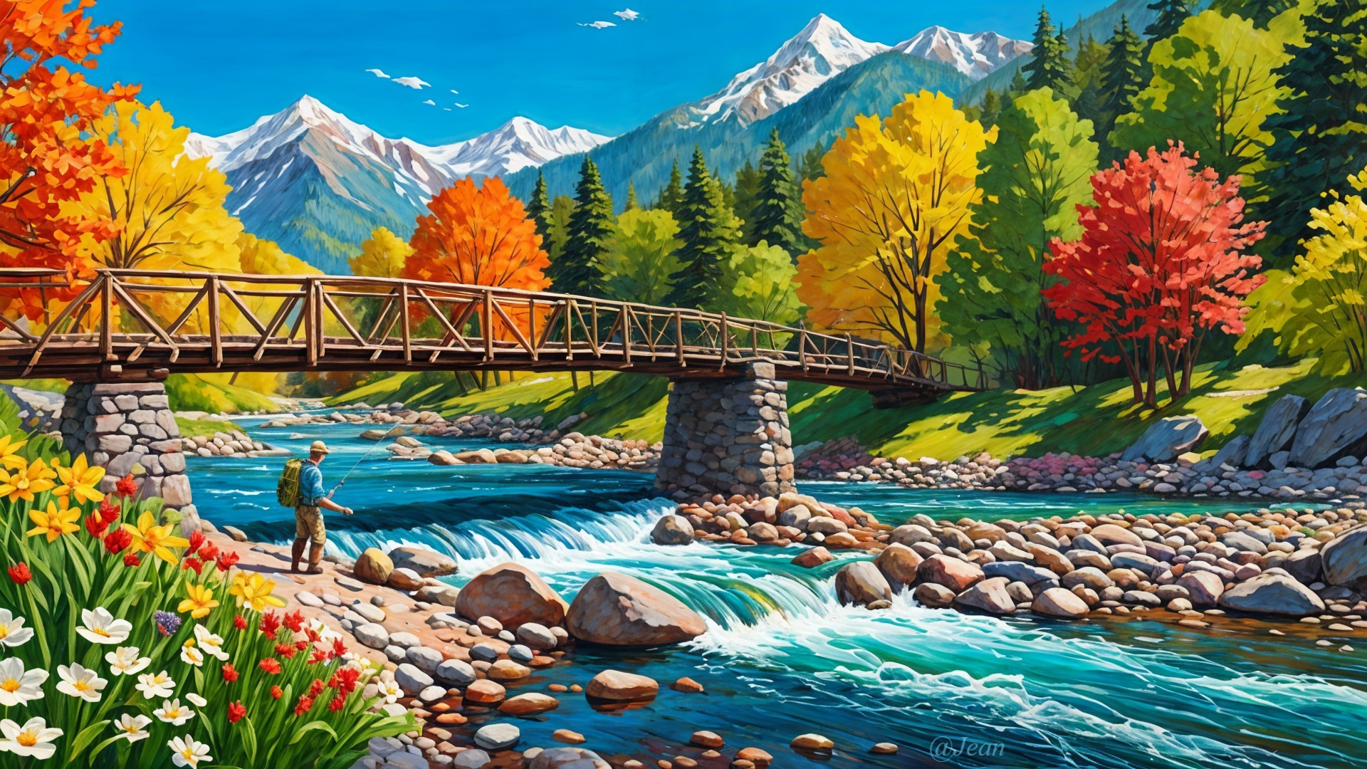 Picturesque River Scene with Bridge and Autumn Foliage