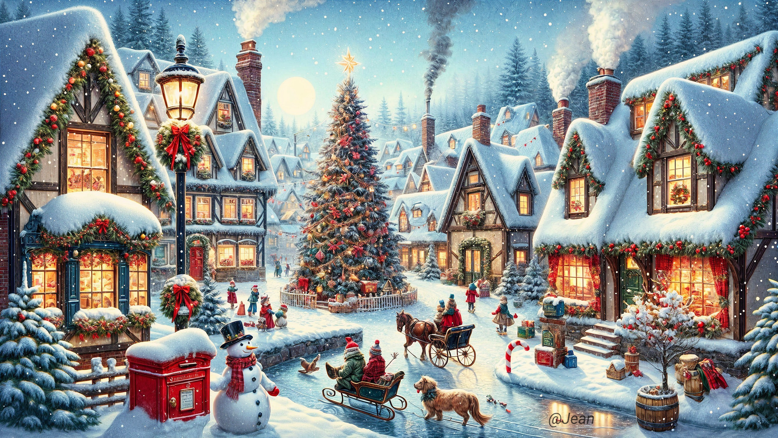 Charming Winter Village Scene with Snow and Decorations