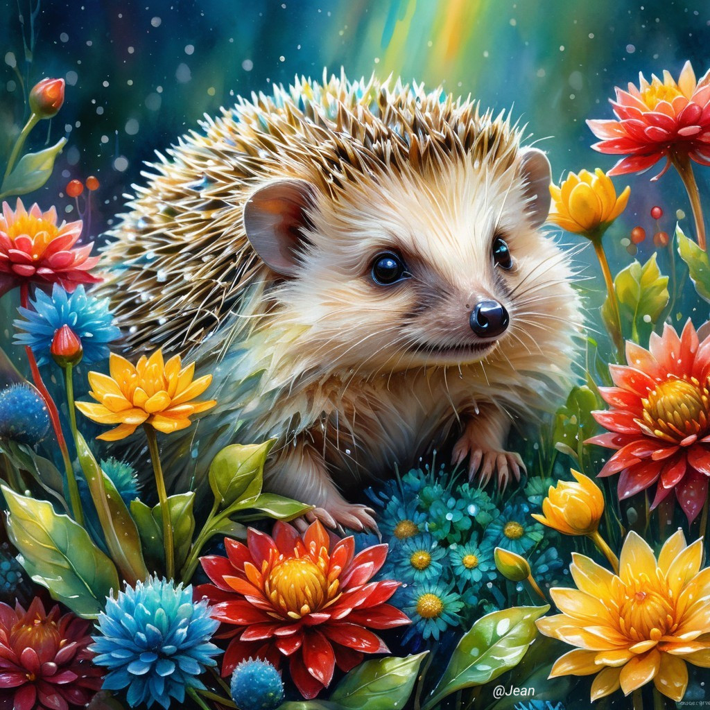 Hedgehog Surrounded by Colorful Flowers in Soft Light