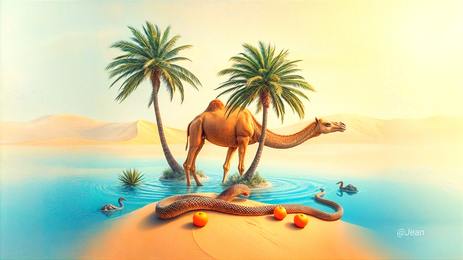 Surreal Desert Scene with Camel and Pond Elements