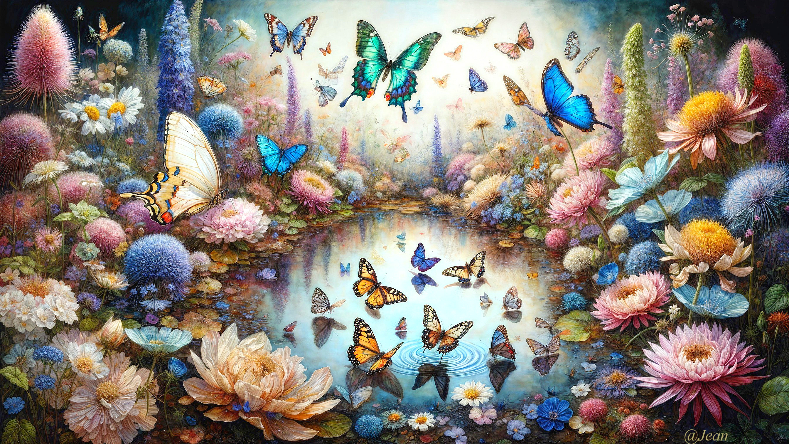 Vibrant Enchanted Garden with Colorful Flowers and Butterflies