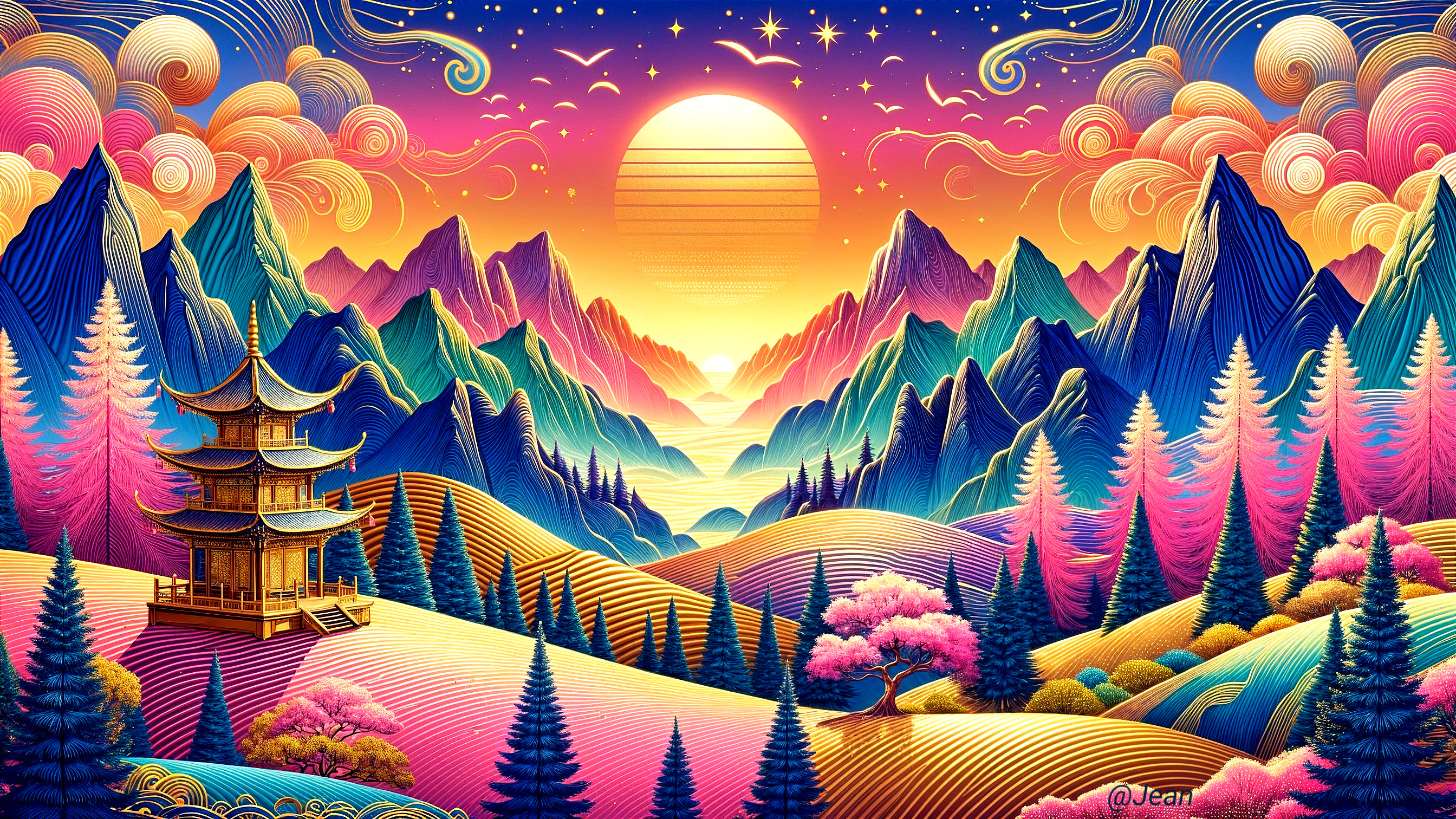 Vibrant Sunset Over Mountainous Landscape with Pagoda