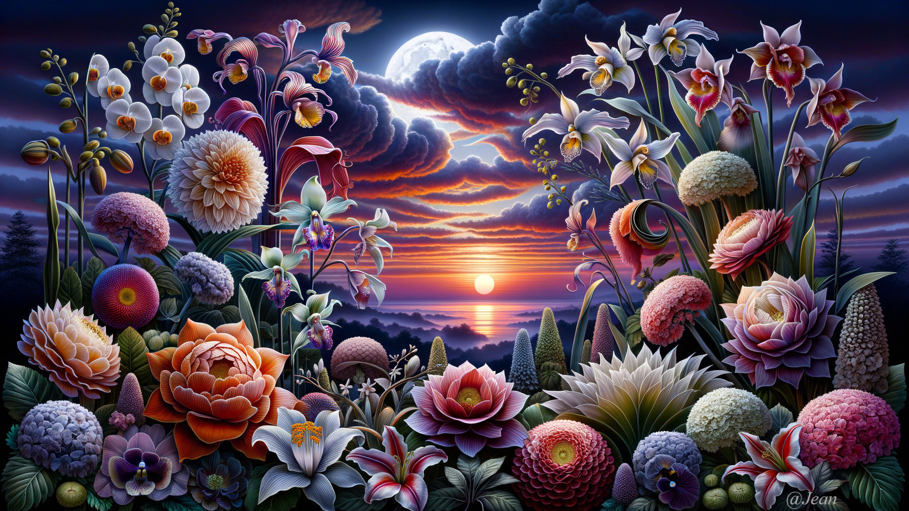 Vibrant Floral Scene with Sunset and Dramatic Sky