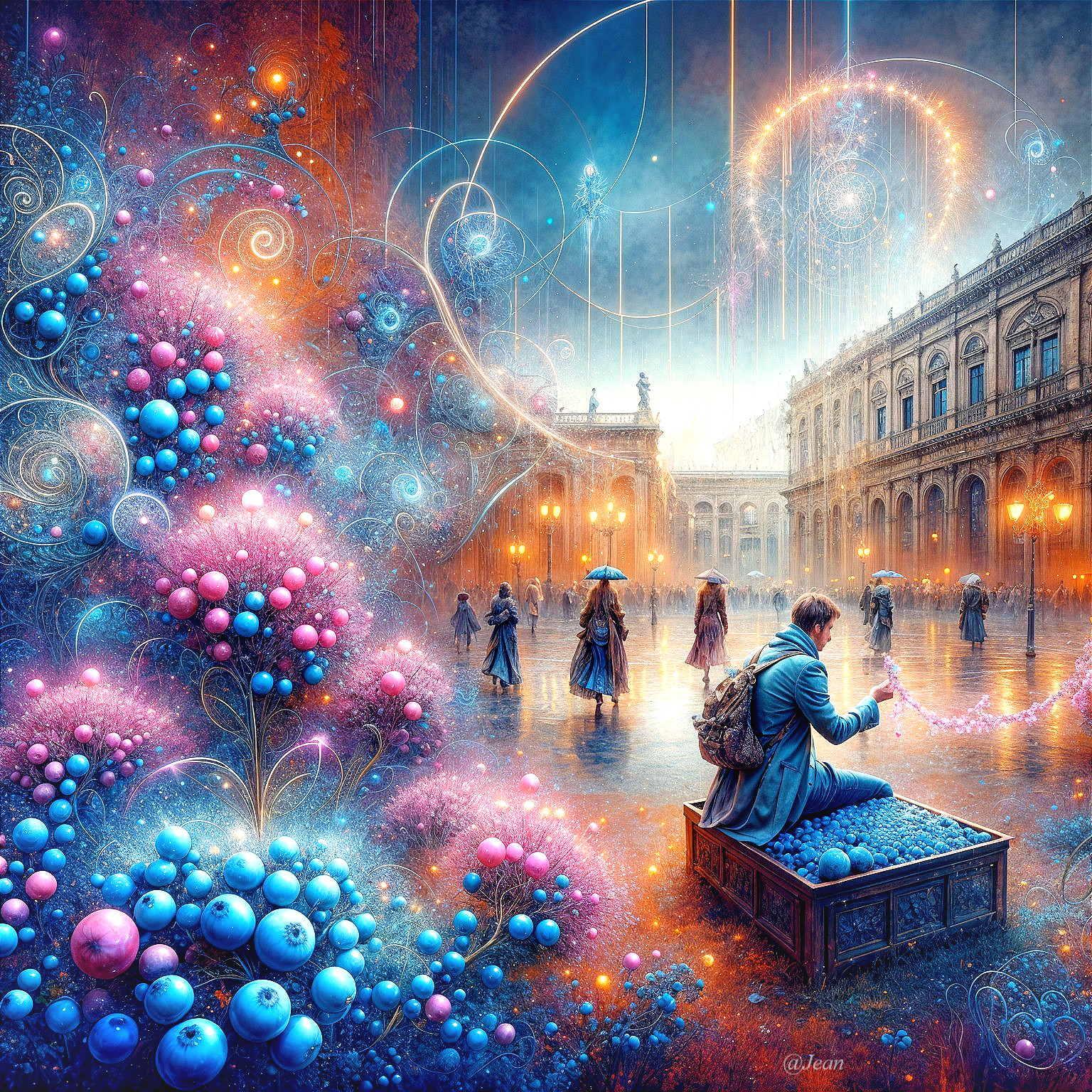 Vibrant Urban Scene with Colorful Swirling Patterns