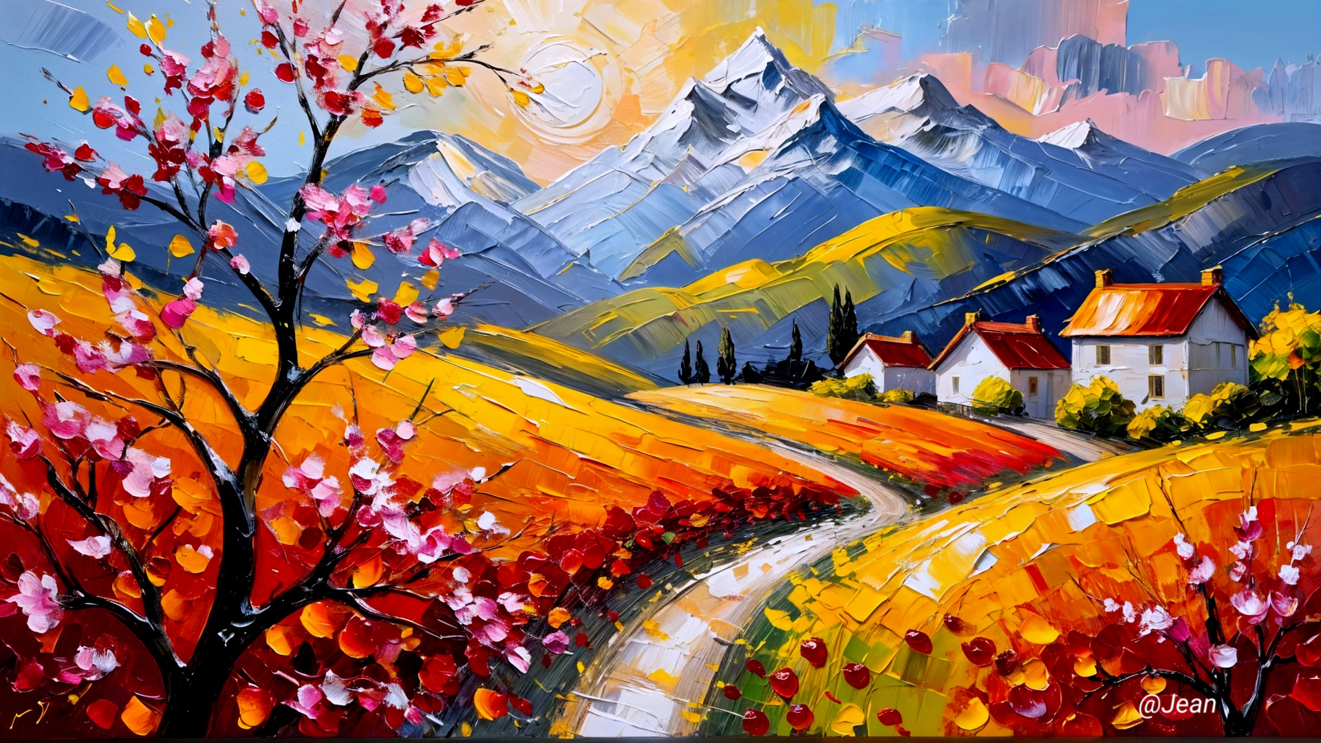 Vibrant Landscape of Hills, Flowers, and Mountains