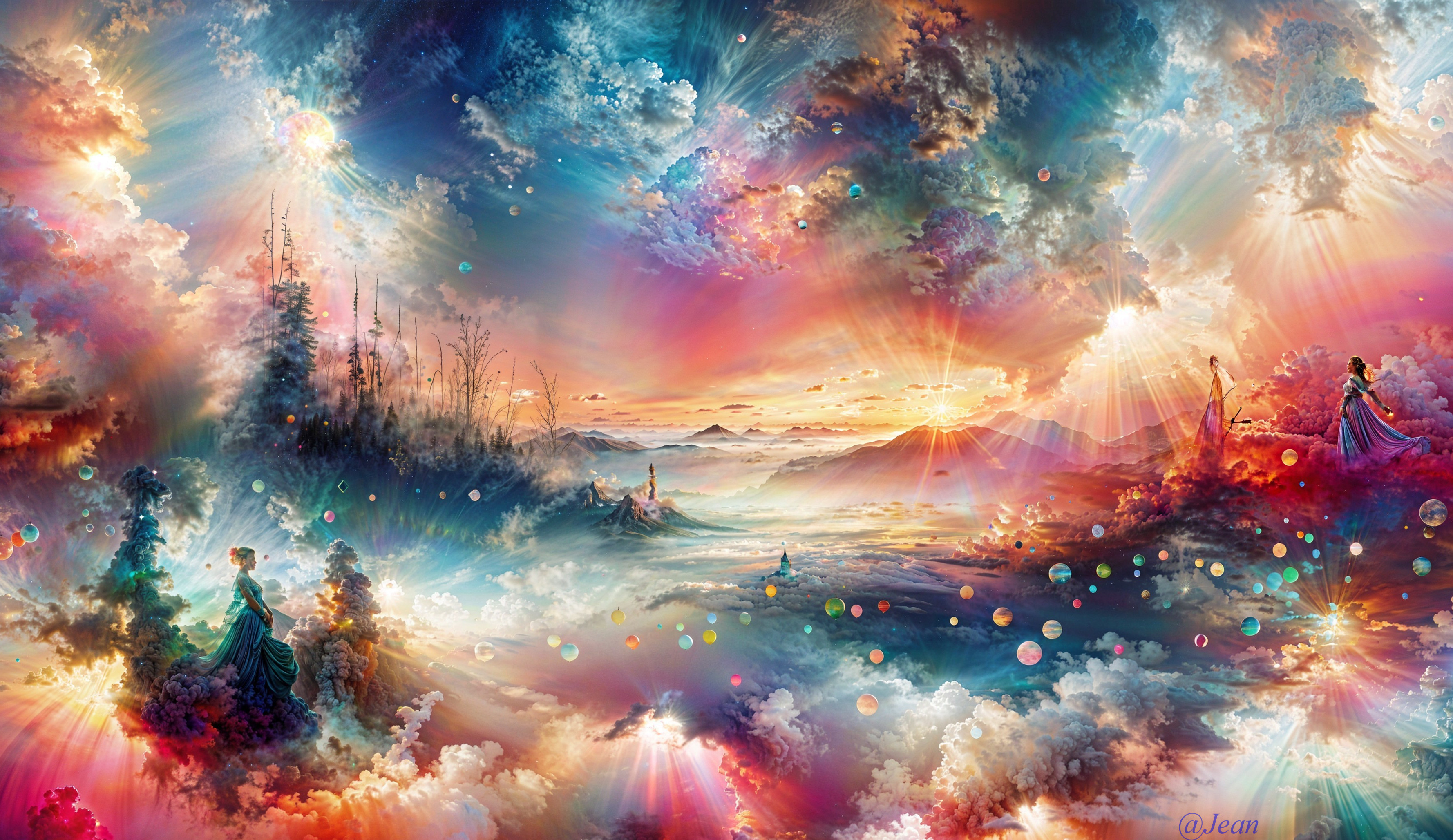 Vibrant Dreamy Landscape with Ethereal Figures