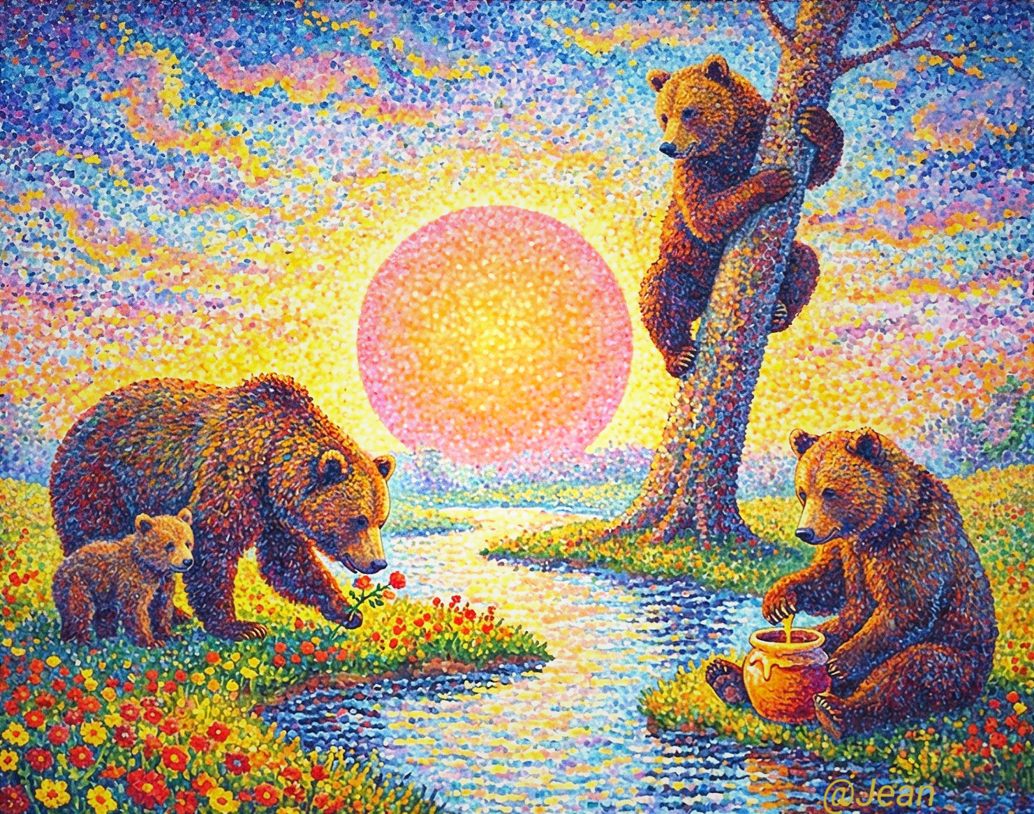 Pointillist Artwork of Bears at Sunset with Flowers