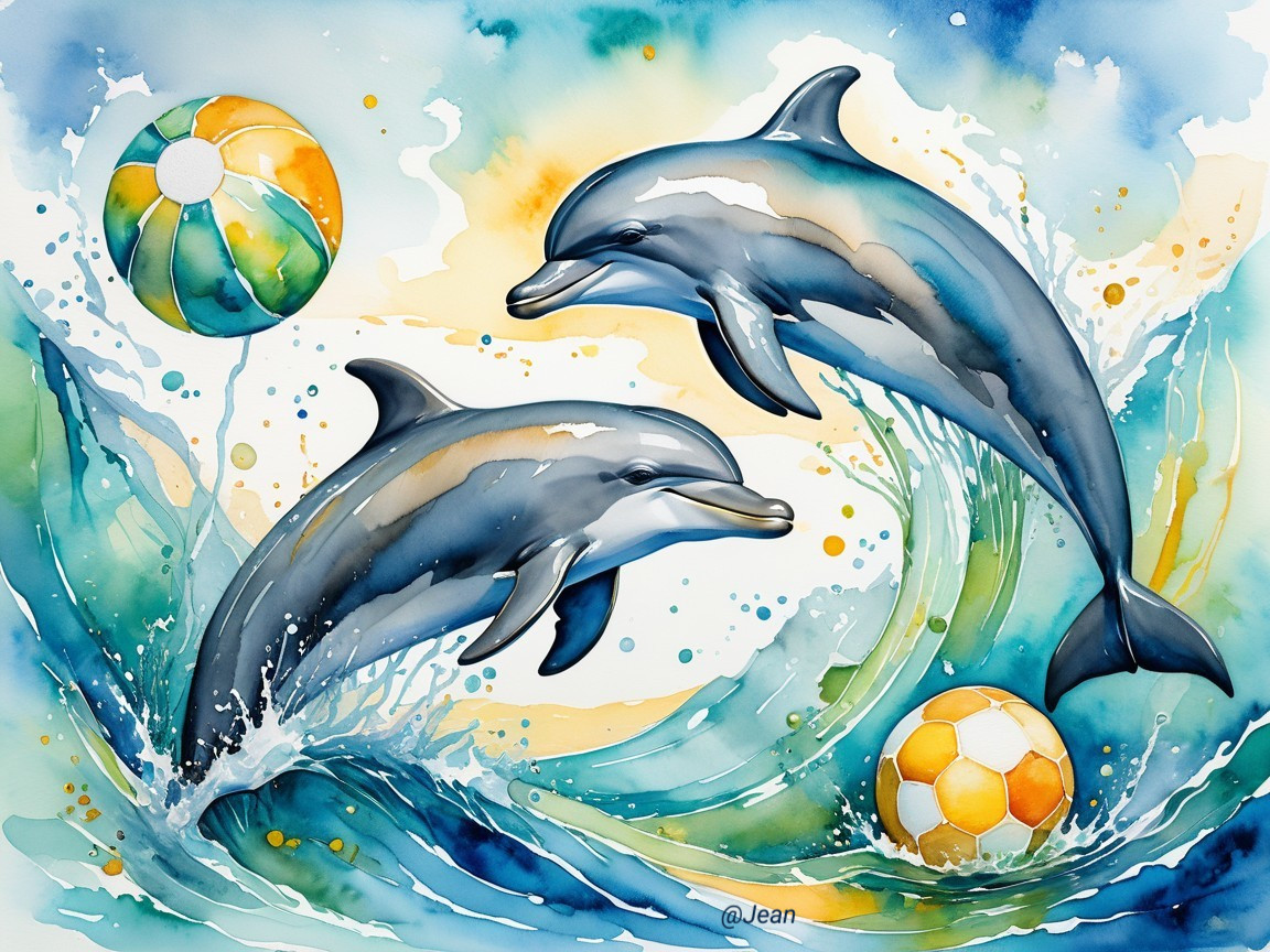 Dolphins Leaping in Colorful Watercolor Waves