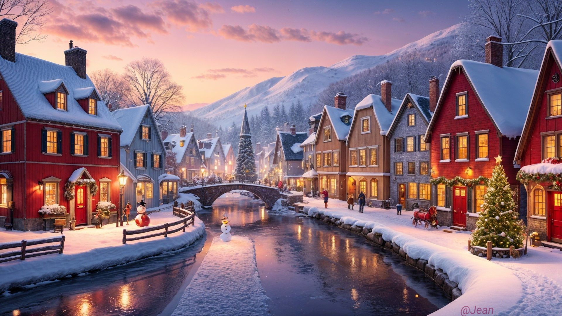 Winter Village Scene with Snow-Covered Canal and Lights