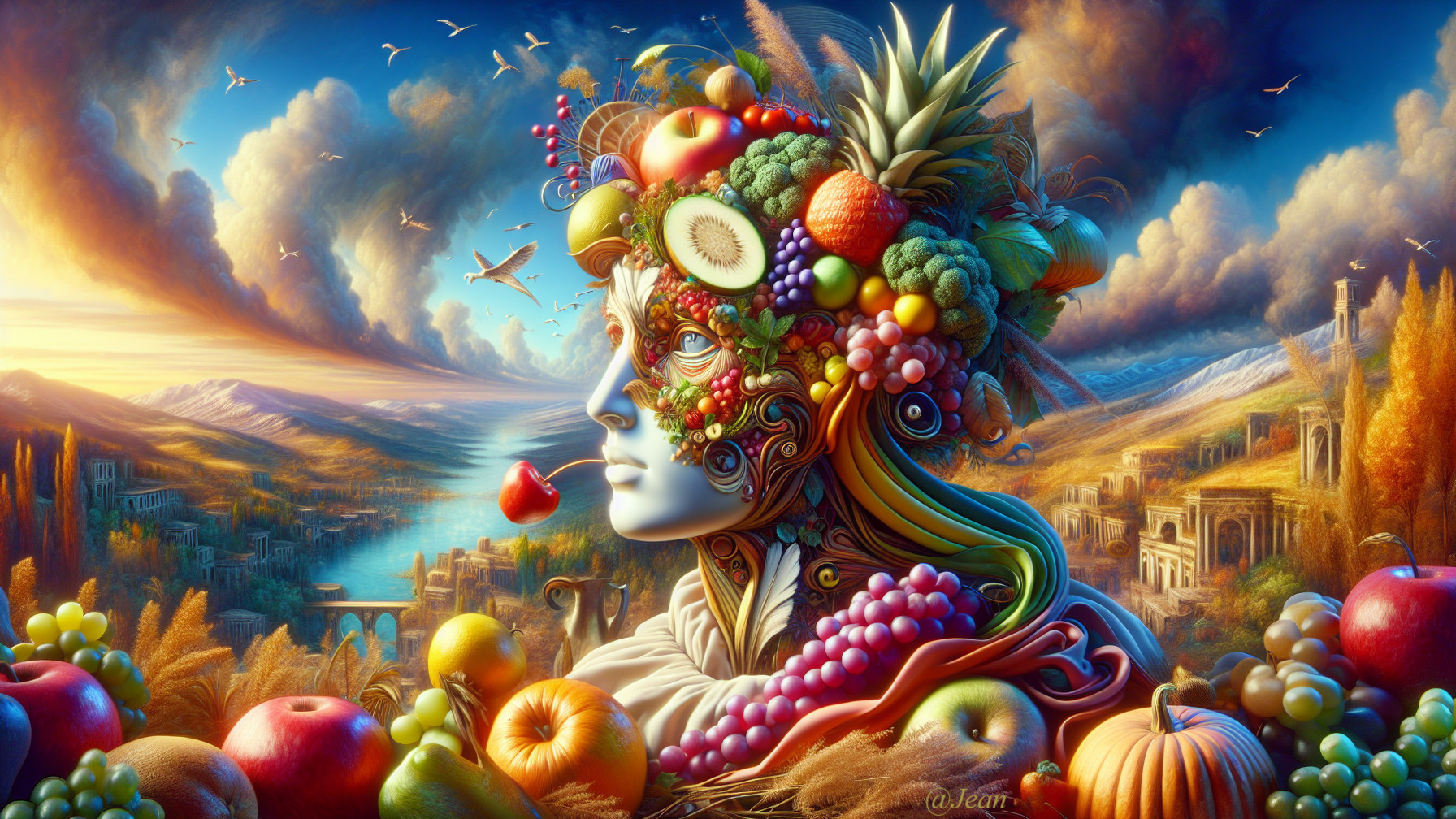 Surreal Figure with Fruit Face in Vibrant Landscape