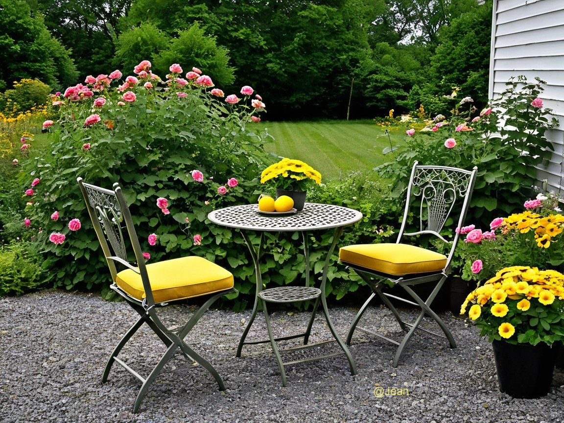 Charming Outdoor Setting with Flowers and Seating