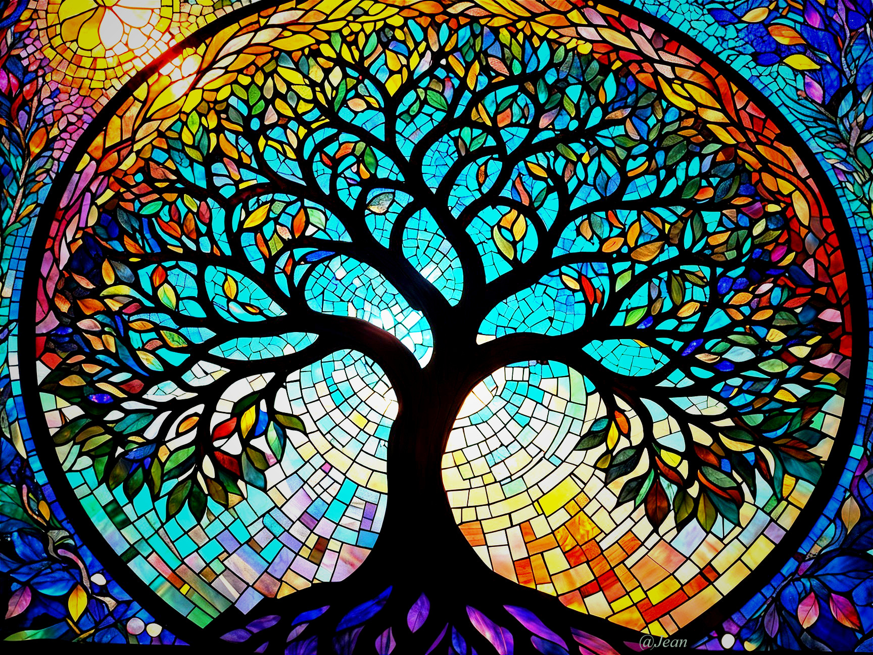 Vibrant Stained Glass Tree Artwork with Circular Design