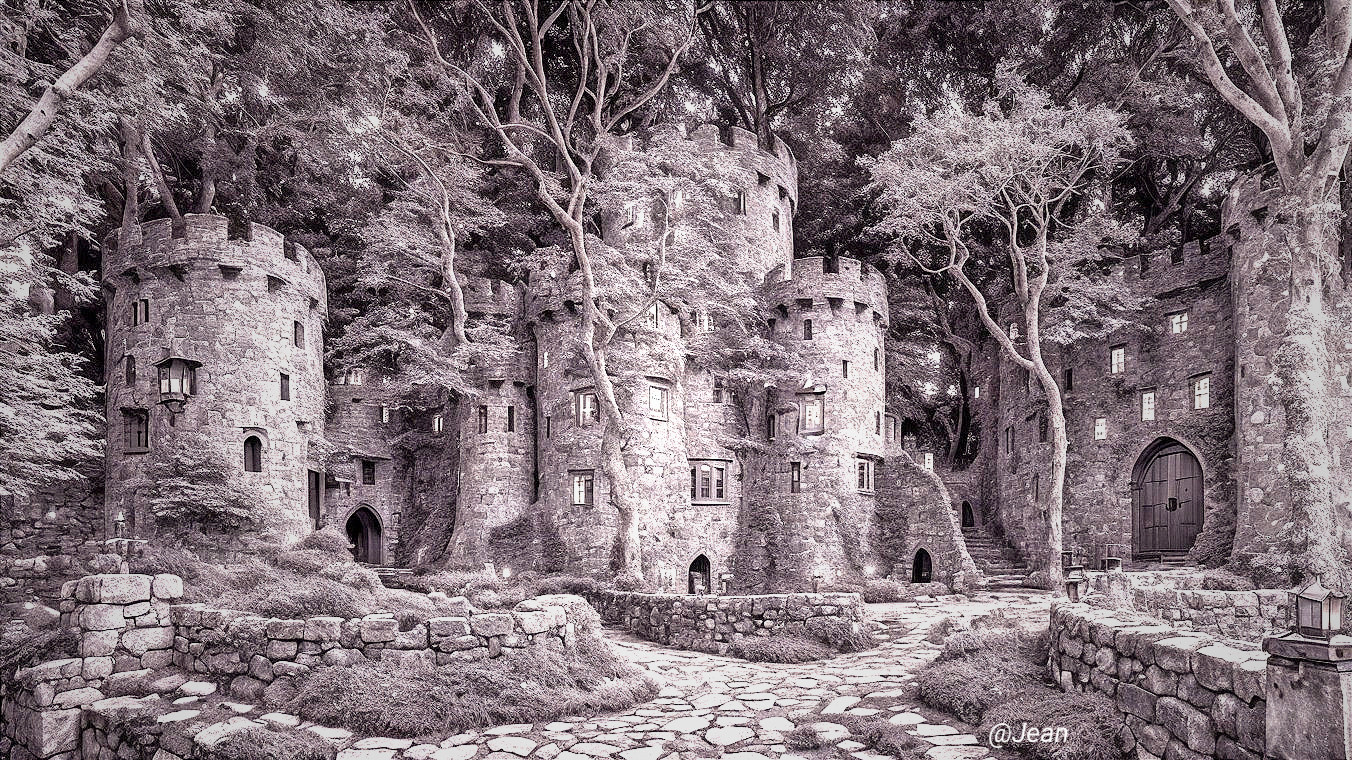 Castle-like structure surrounded by dense trees and stone walls
