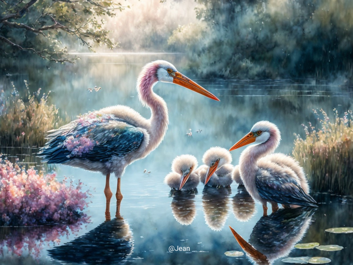 Serene Lakeside Scene with Herons and Chicks