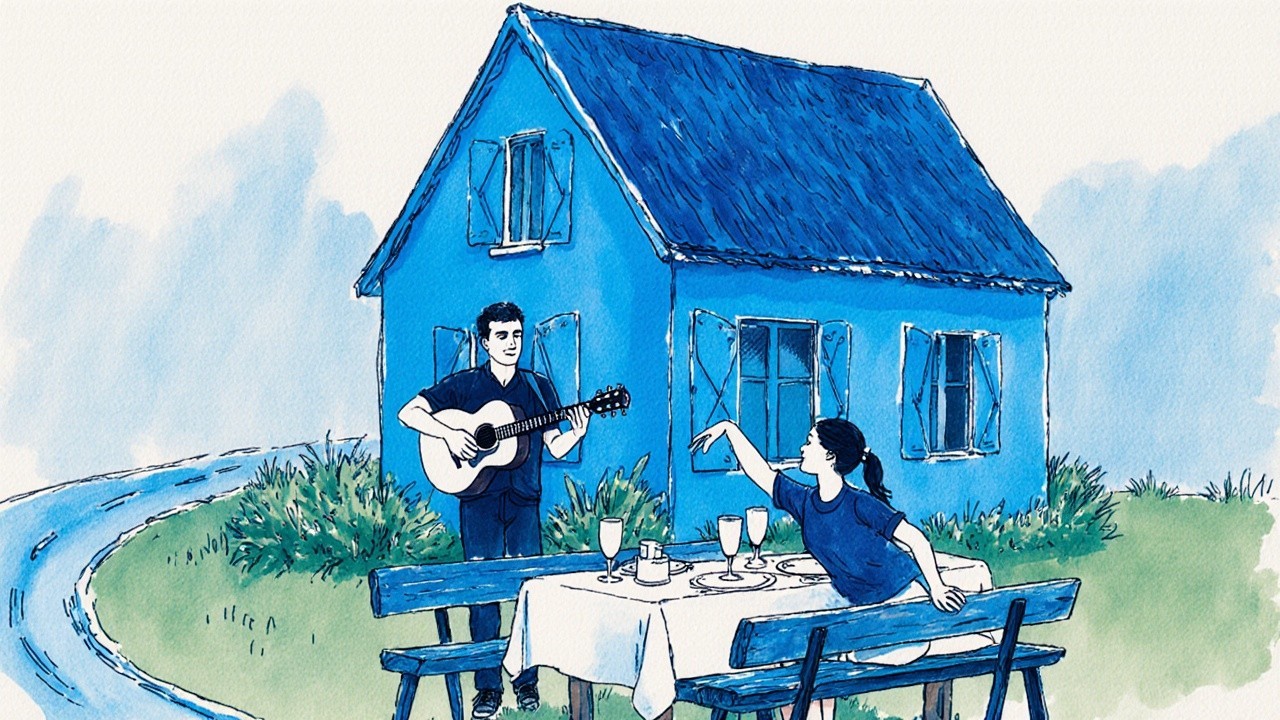 Cozy Blue House with Guitar Player in Serene Setting