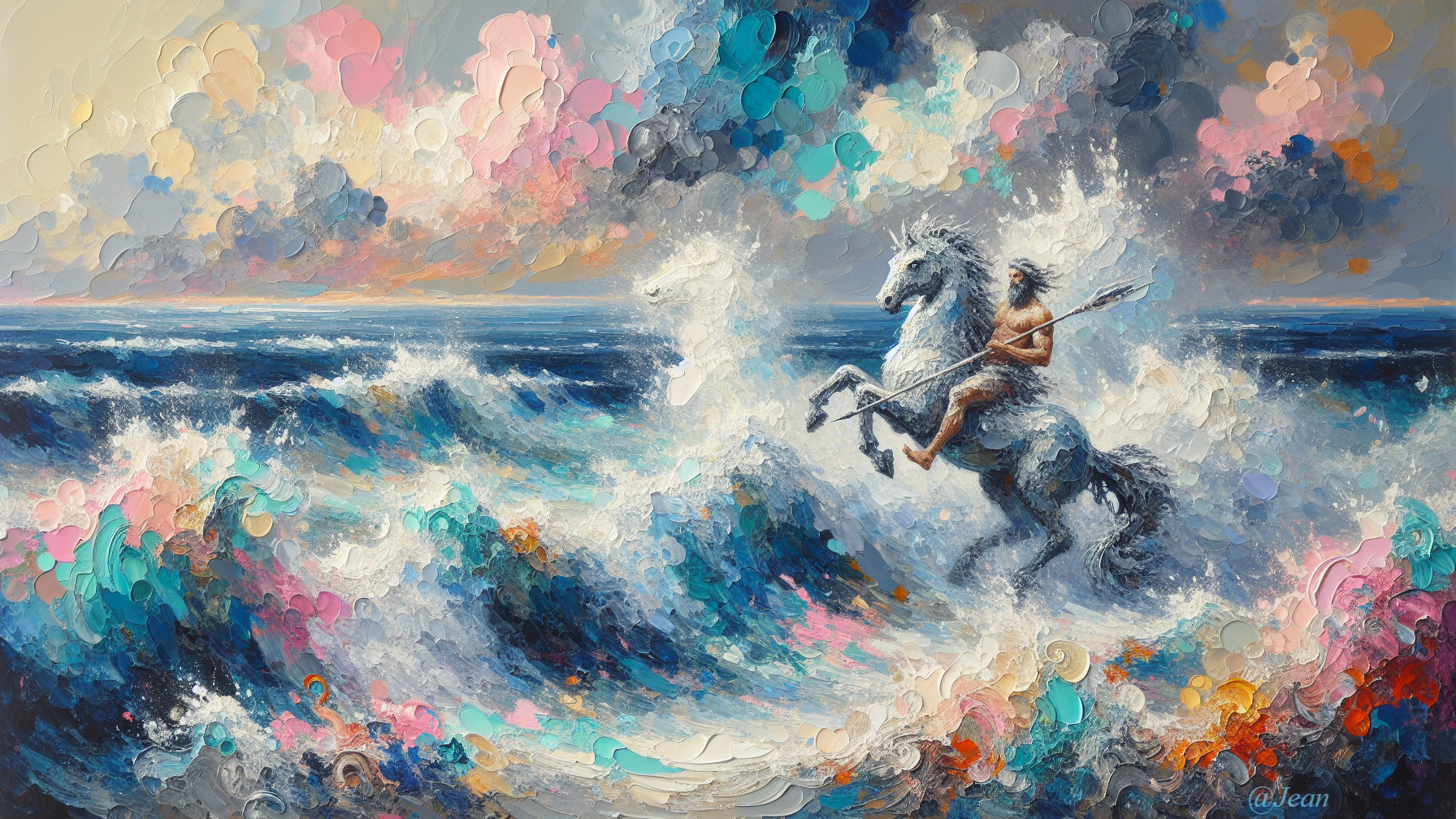Dynamic Rider on White Horse Amid Ocean Waves