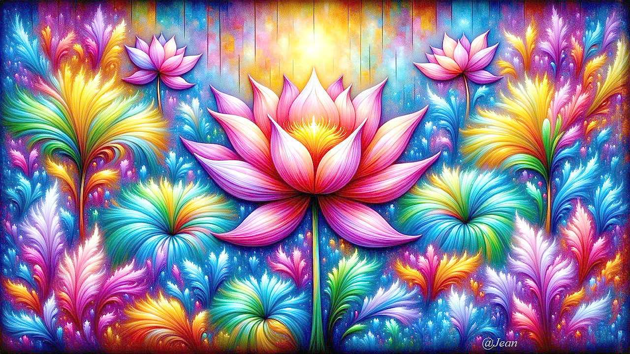 Surreal Landscape with Colorful Lotus Flowers and Light