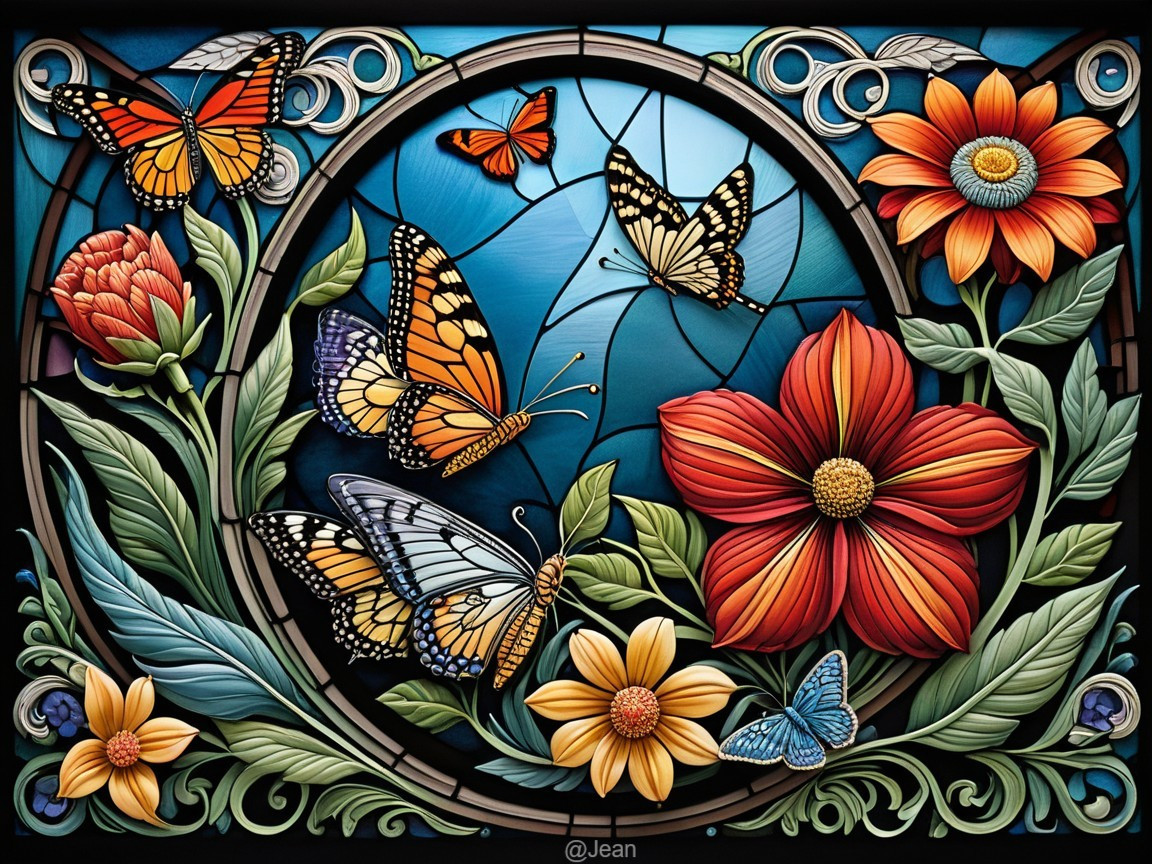 Vibrant Stained Glass Design of Butterflies and Flowers