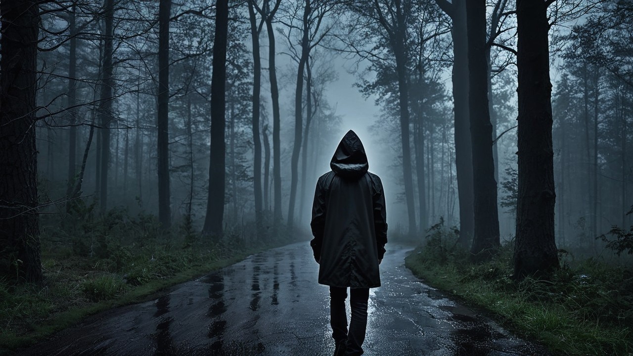 Solitary Figure in Misty Forest with Rainy Path