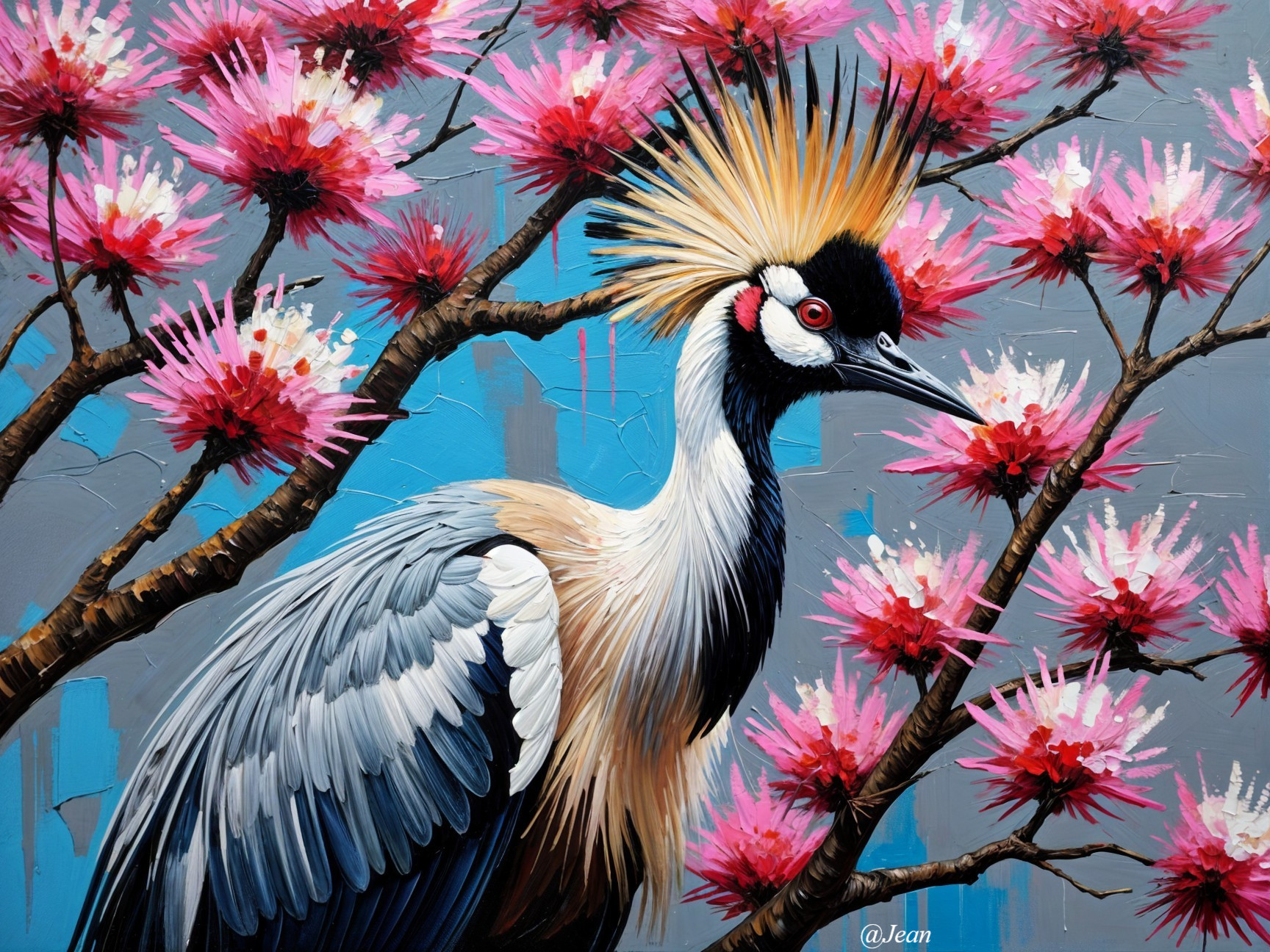 Crowned Crane Artwork with Vibrant Colors and Background