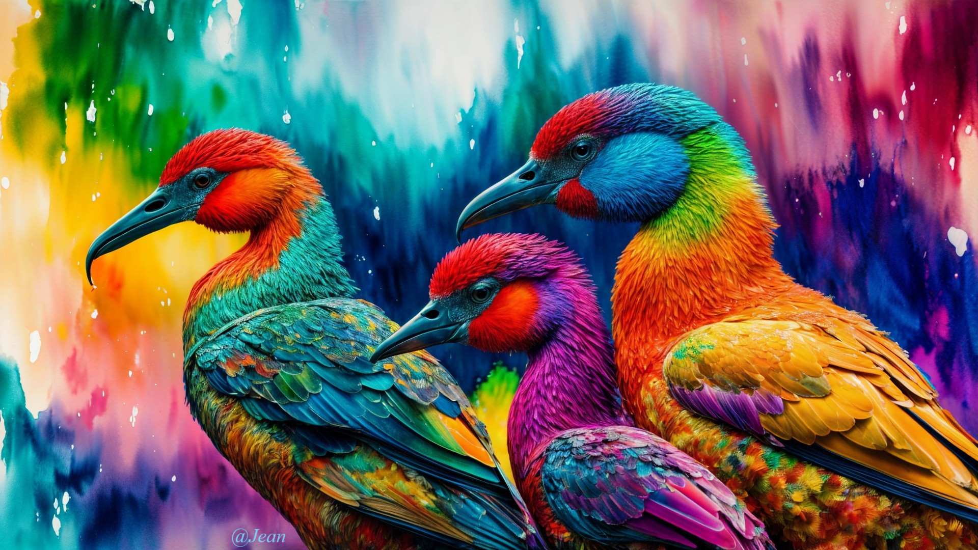 Vibrantly Colored Birds Against Abstract Background
