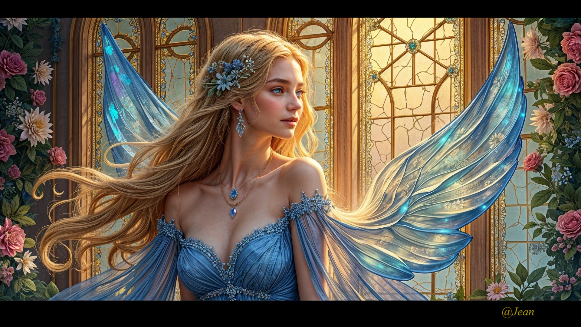 Mystical fairy with golden hair in blue gown and wings