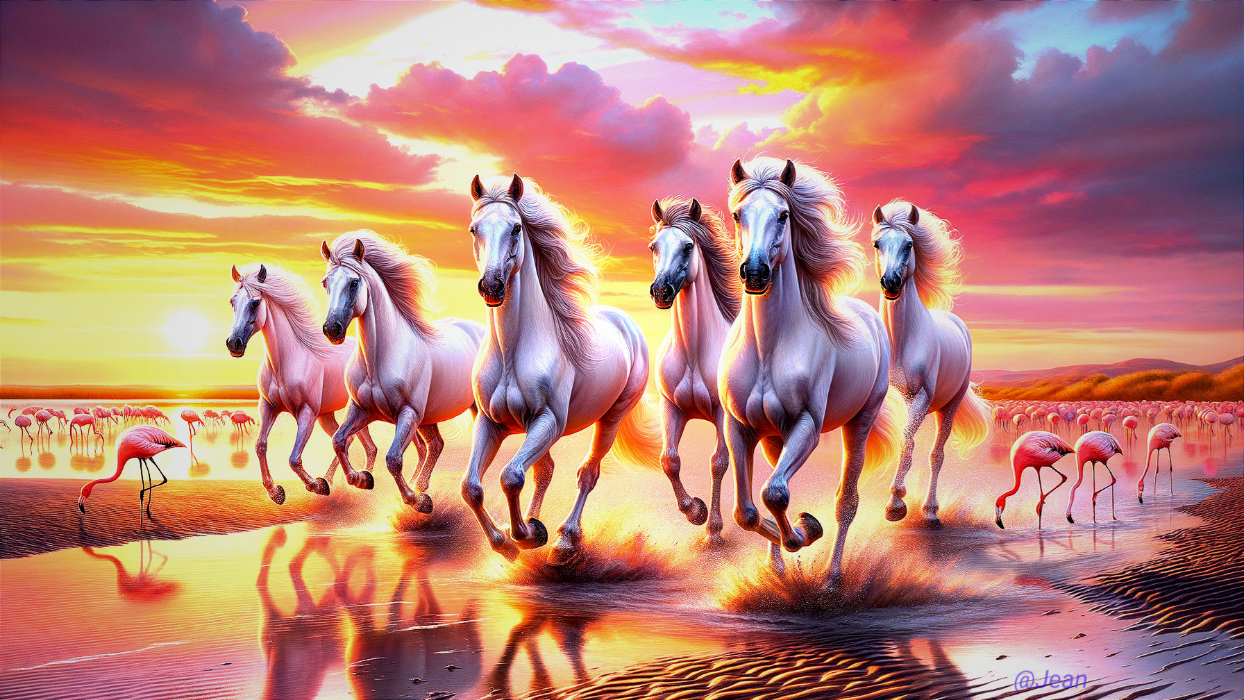 Five White Horses Galloping at Sunset by Shoreline