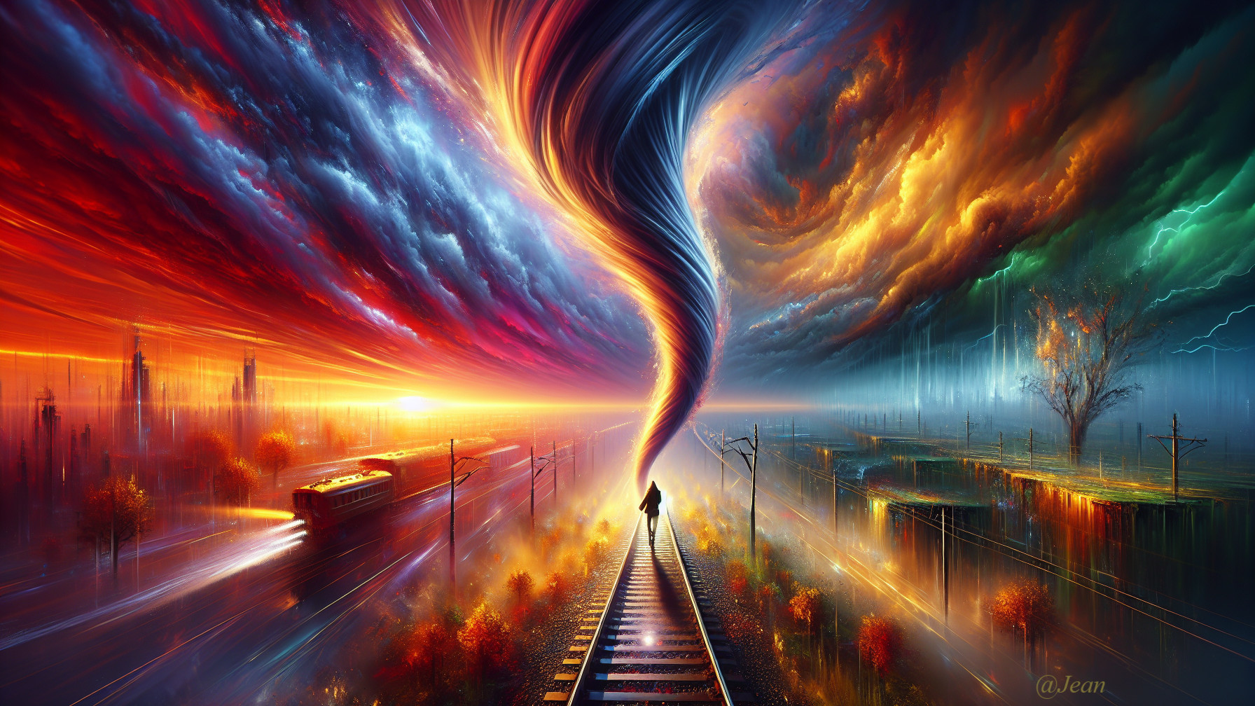 Vibrant Tornado Colors Along Railway Track Scene