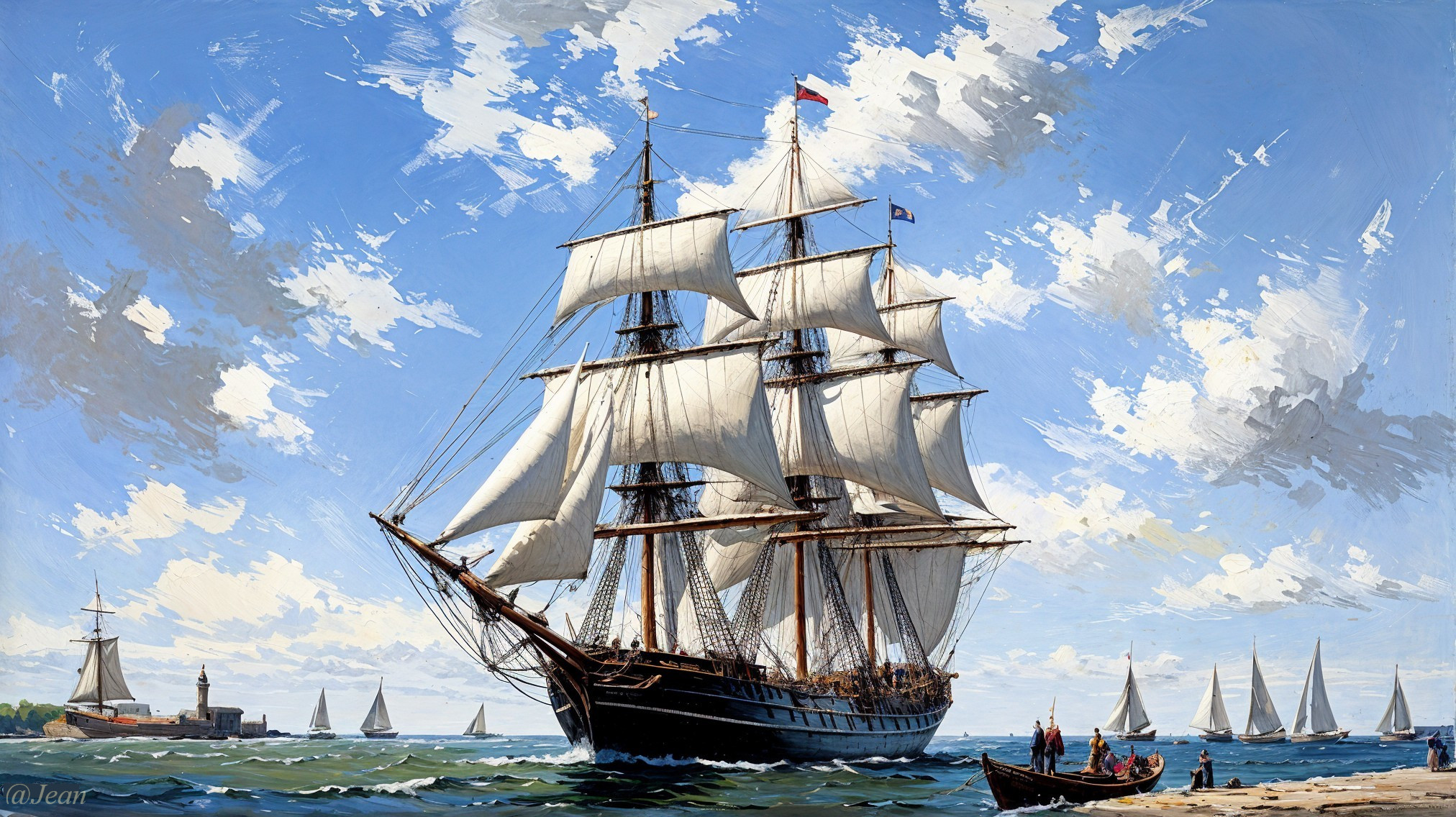 Oil Painting of Sailing Ships on Blue Ocean Scene