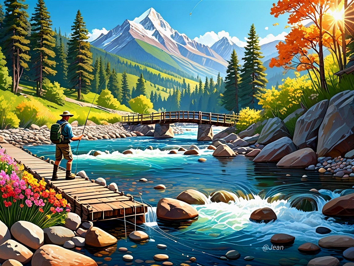 Serene Landscape with Fisherman by Sparkling River