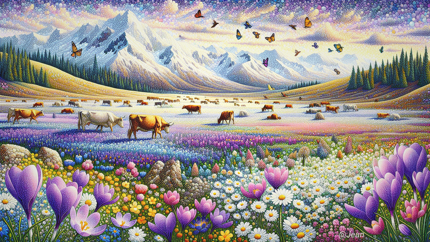 Pastoral Landscape with Grazing Cows and Mountains